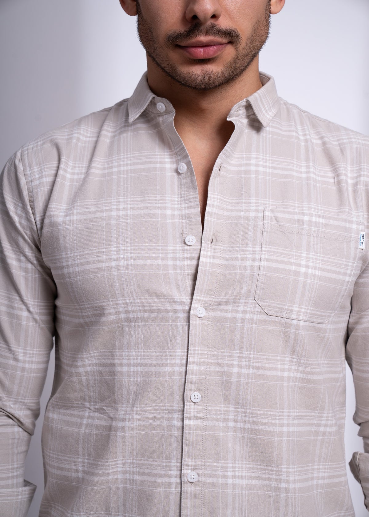 Men’s Checked Cotton Shirt – Beige & Grey | Slim Fit Casual Wear