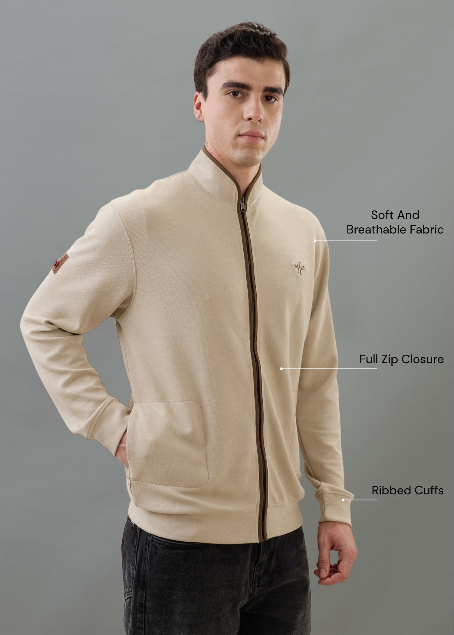 Sibilance Knit Zipper Jacket: Beige