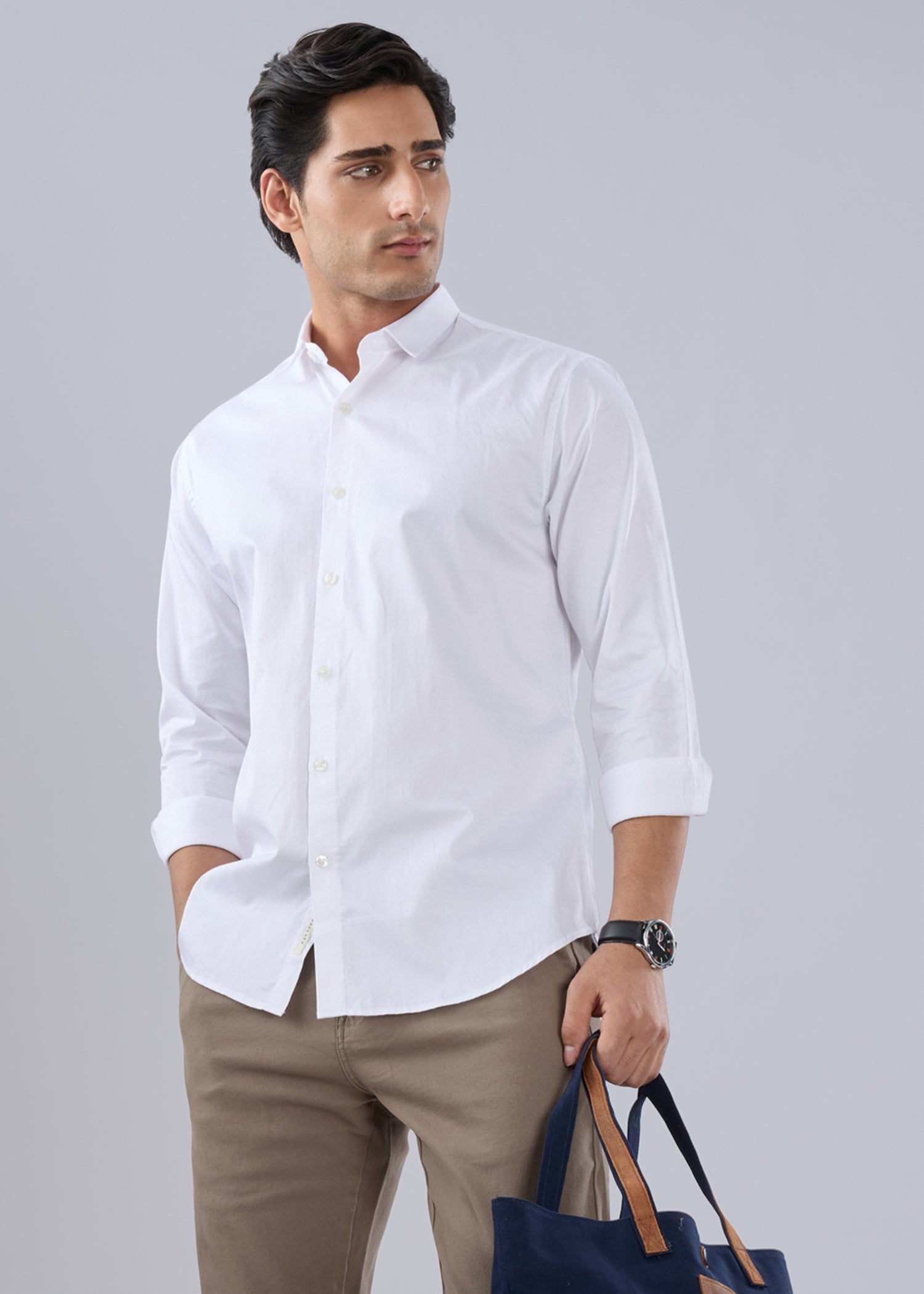Contain Solid Full Sleeve Shirt: White