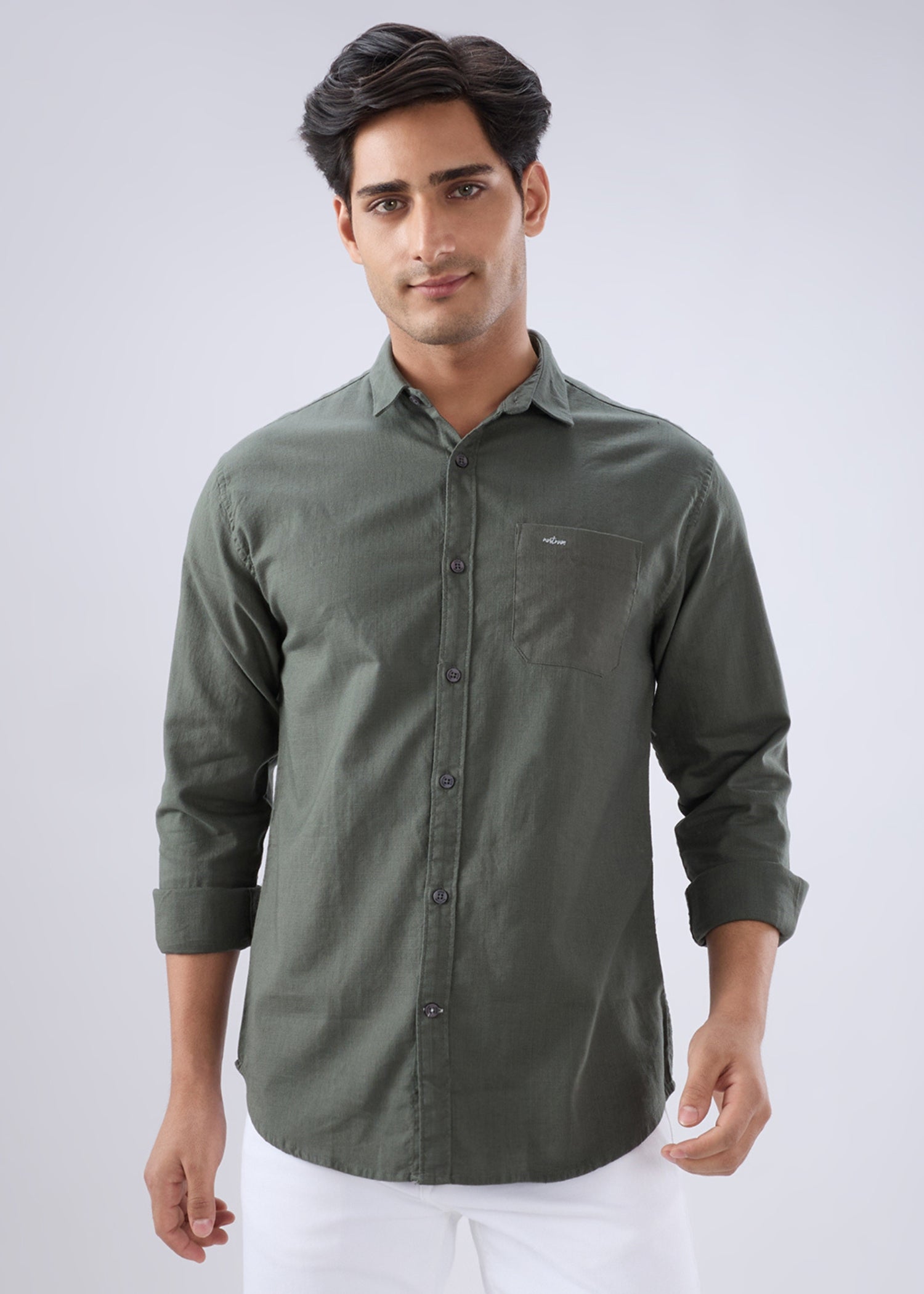 Nostrum Contain Solid Full Sleeve Olive Shirt for Men