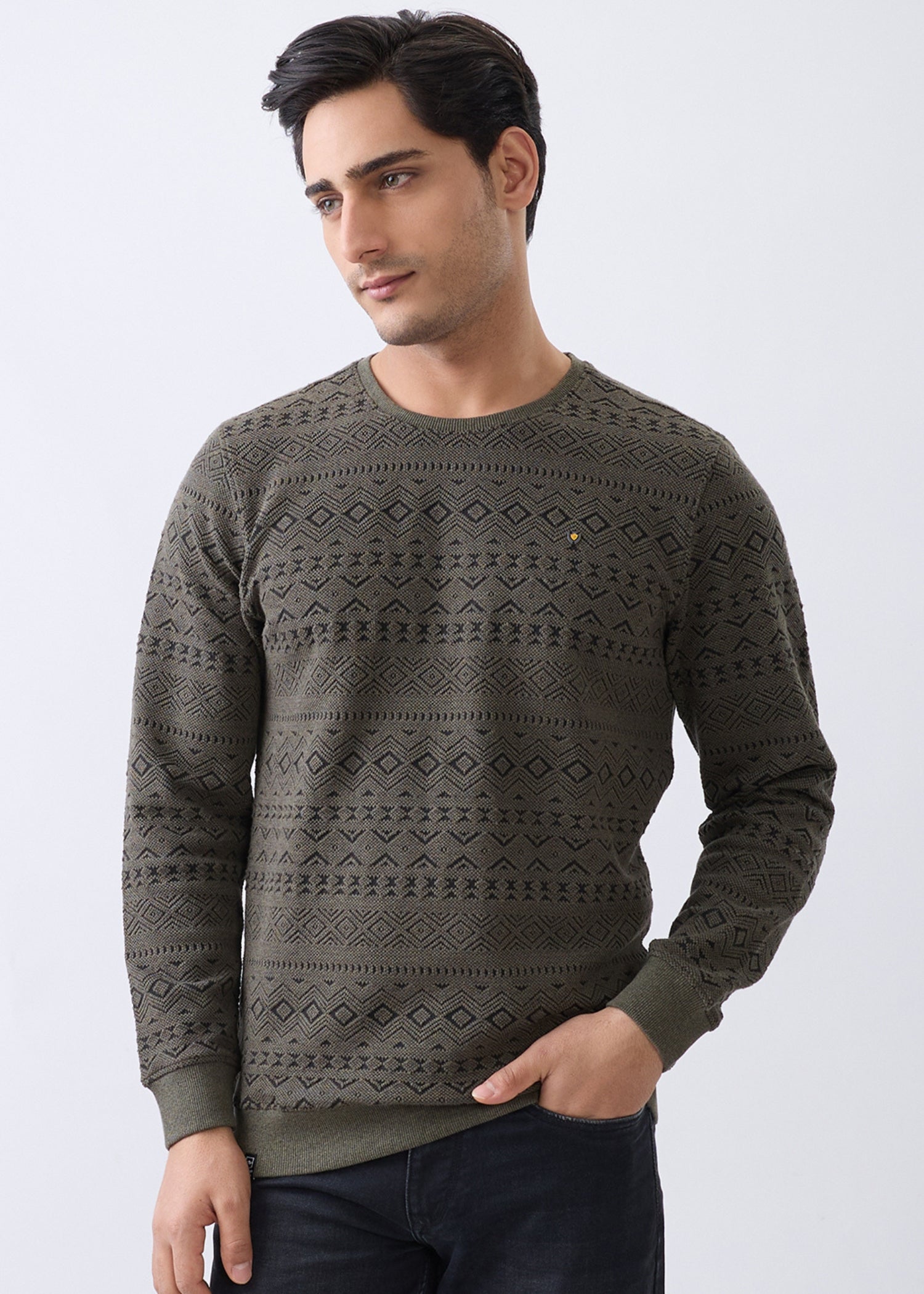 Graze Printed Full Sleeve Pullover: Olive