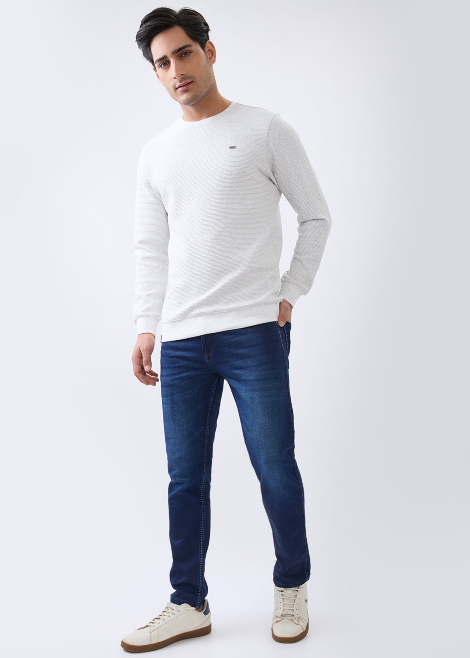 Layer Textured Full Sleeve Sweatshirt: Off-White