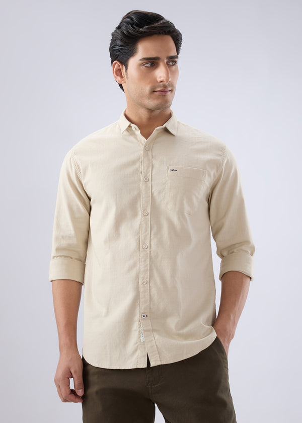 Contain Solid Full Sleeve Shirt: Beige