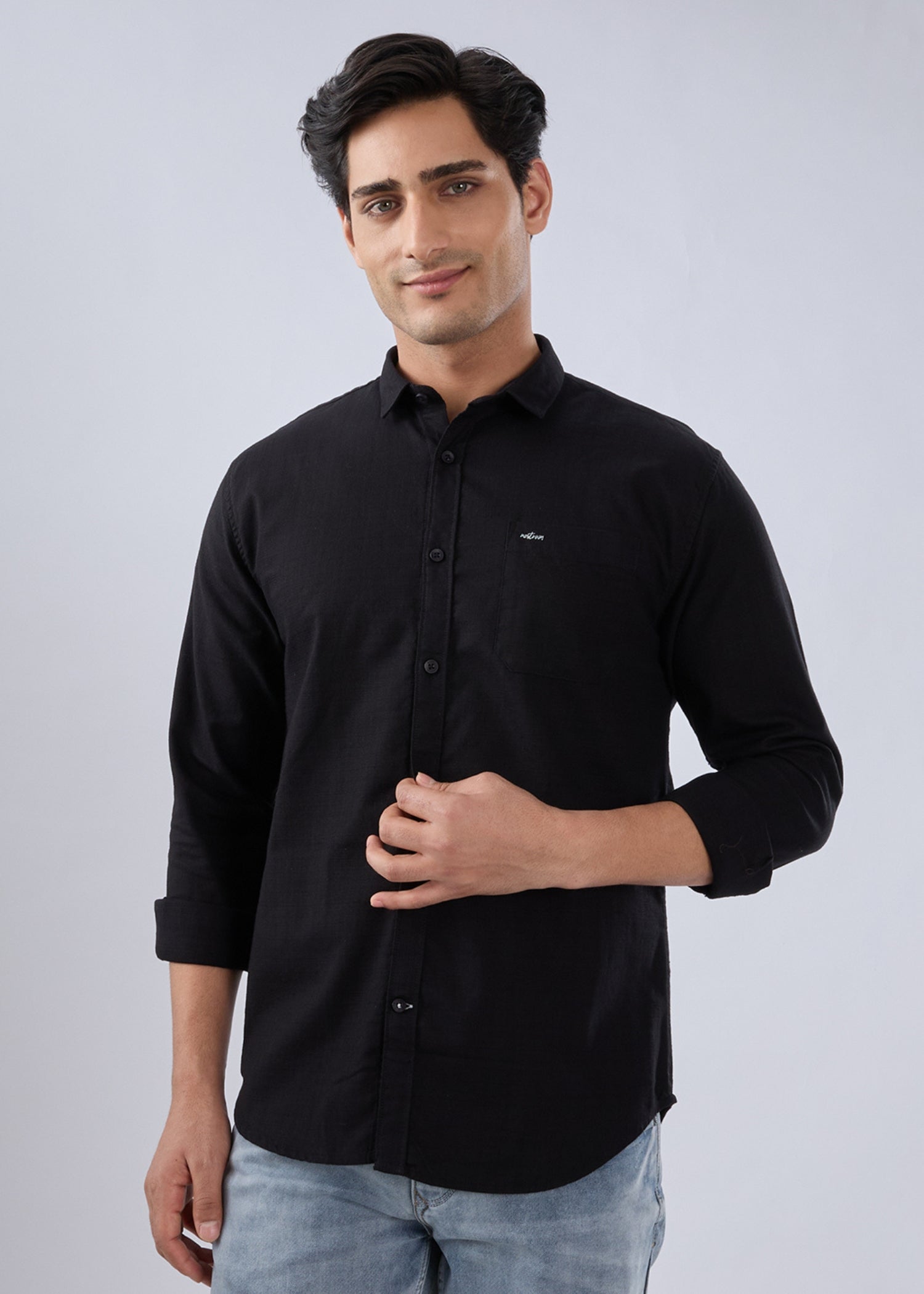 Nostrum Contain Solid Full Sleeve Black Shirt for men