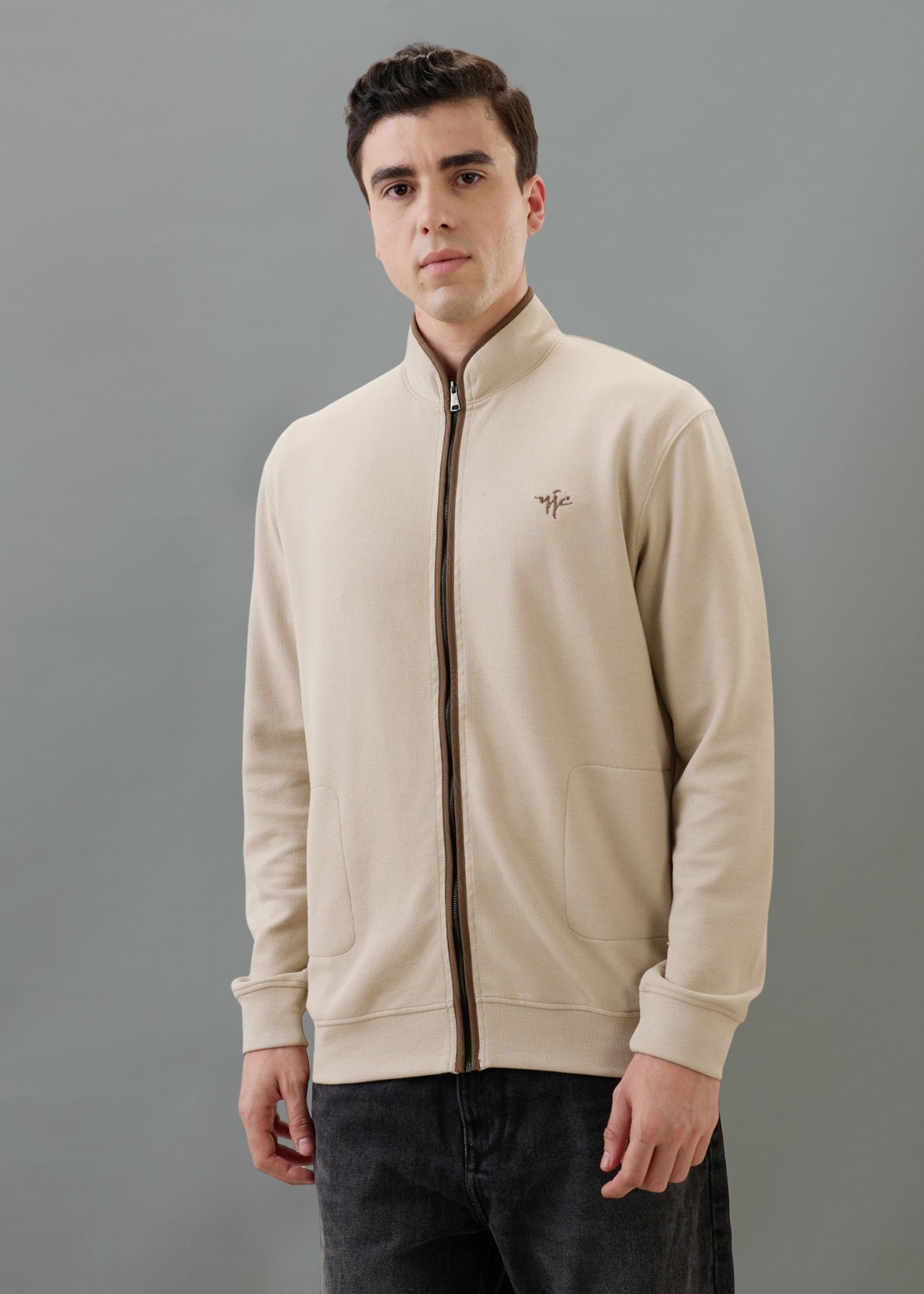 Sibilance Knit Zipper Jacket: Beige