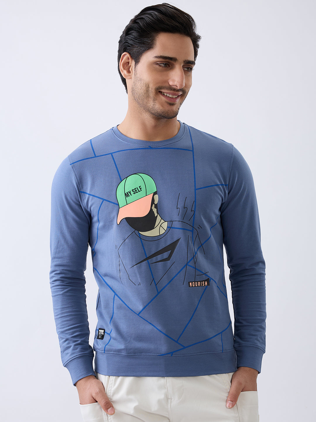 Myself Graphic Full Sleeve T-Shirt: Airforce Blue