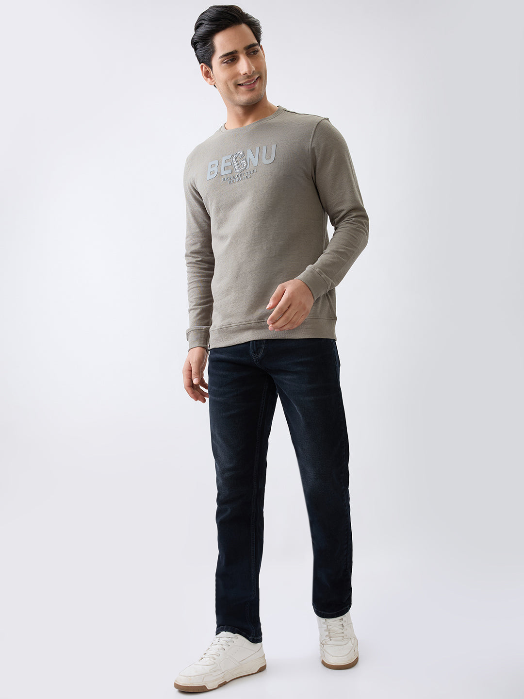 Begnu Printed Full Sleeve Pullover: Charcoal