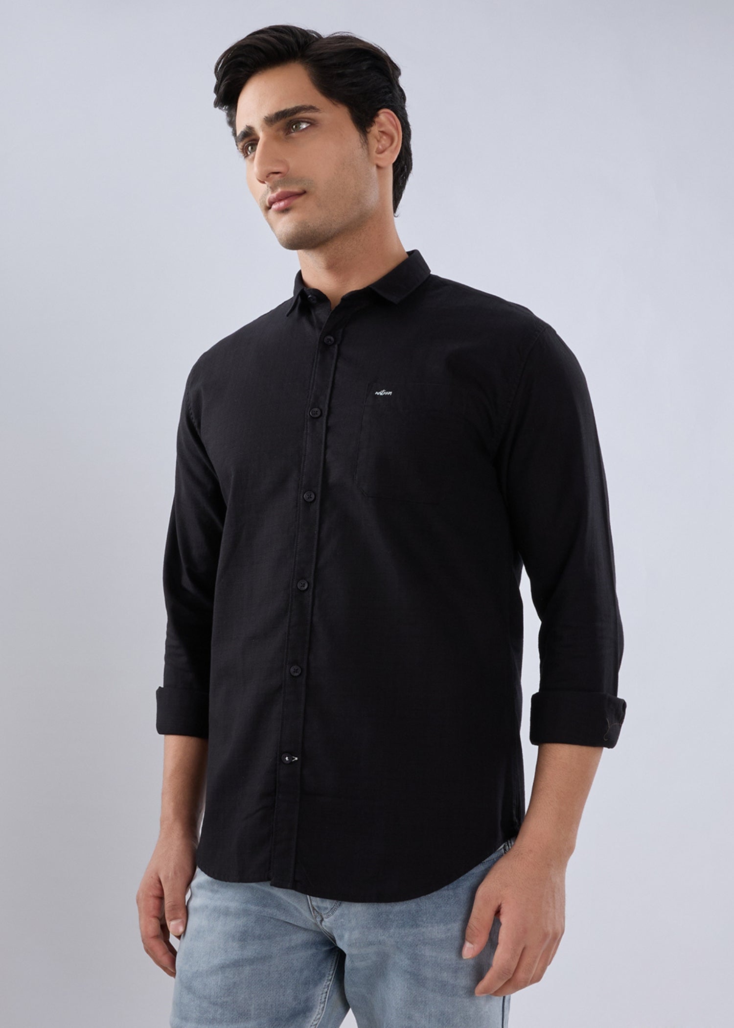 Contain Solid Full Sleeve Shirt: Black