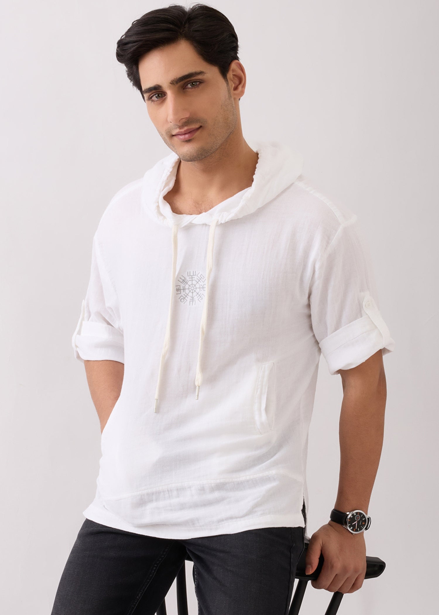 Prast Textured Short Sleeve Hoodie: White