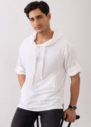 Prast Textured Short Sleeve Hoodie: White
