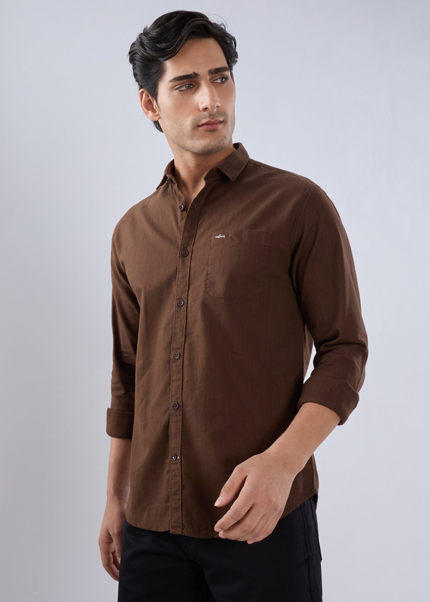 Contain Solid Full Sleeve Shirt: Coffee