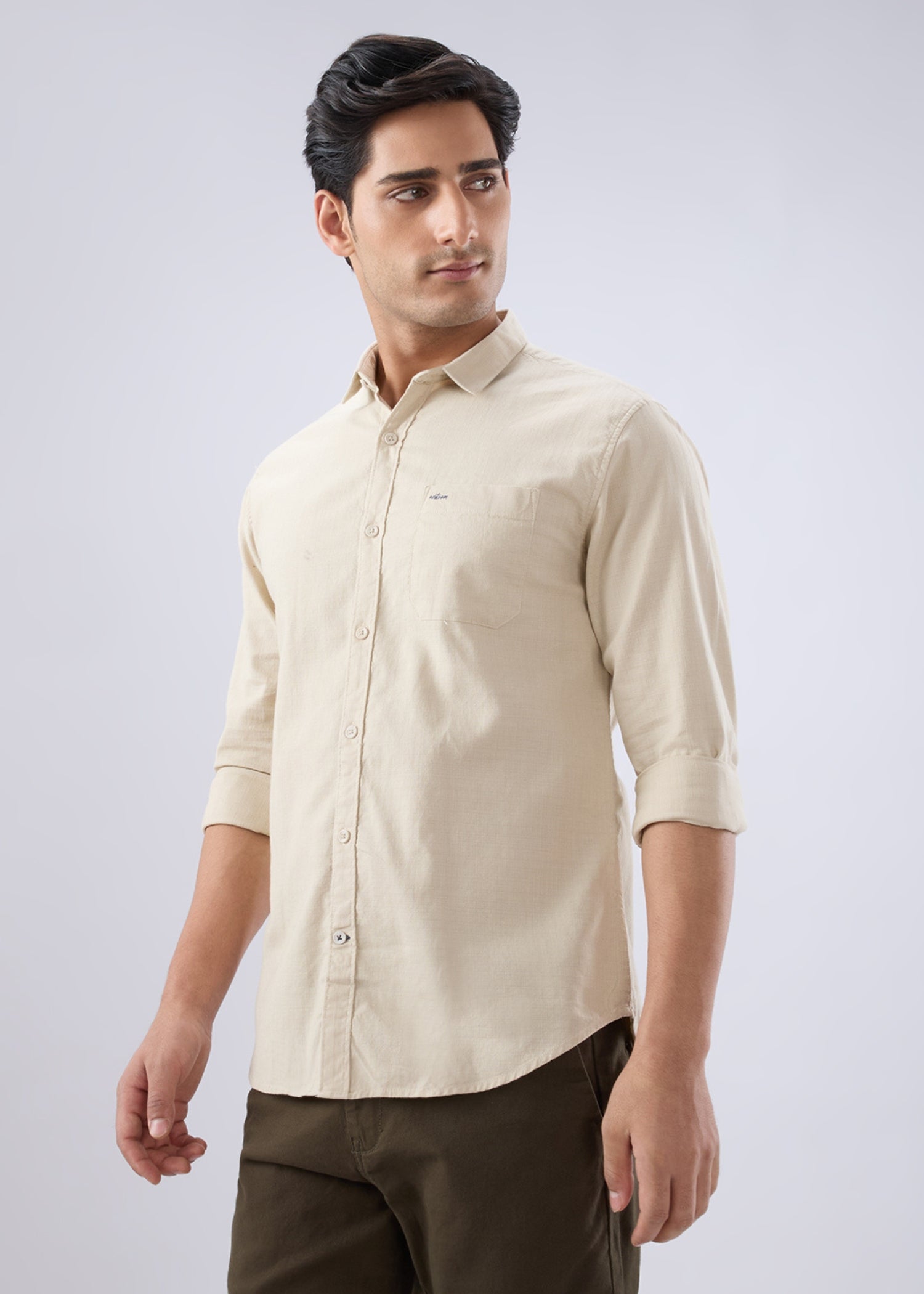 Contain Solid Full Sleeve Shirt: Beige
