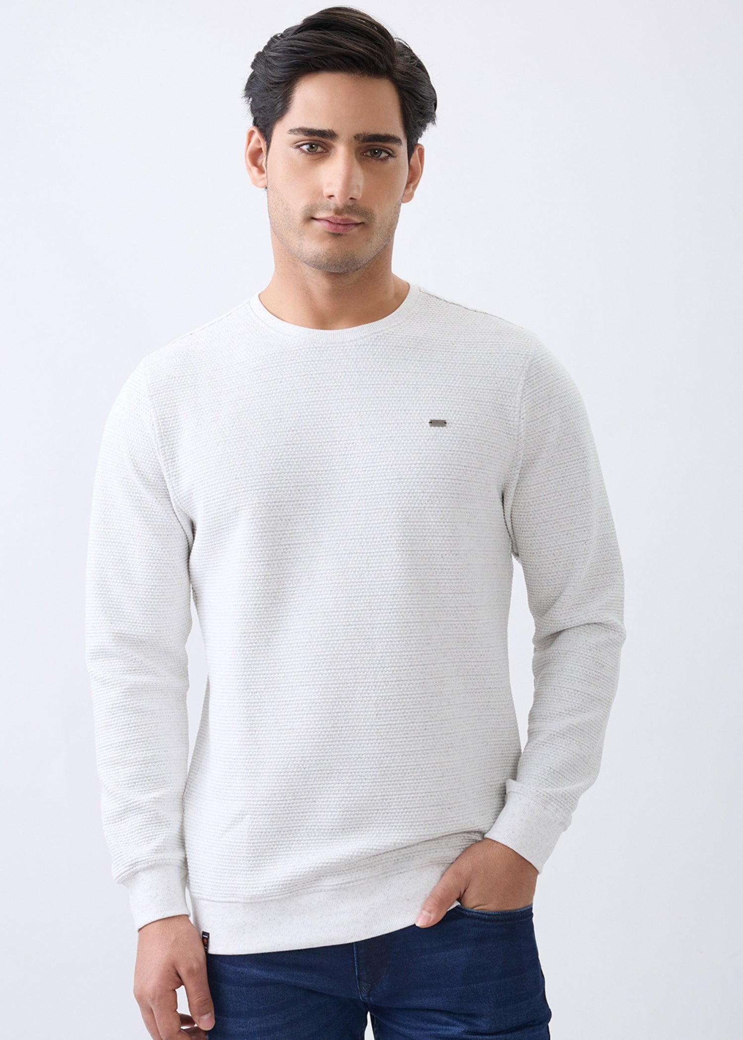 Layer Textured Full Sleeve Sweatshirt: Off-White