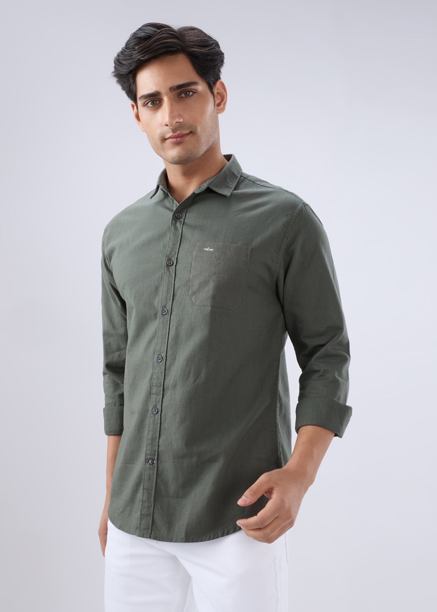 Contain Solid Full Sleeve Shirt: Olive
