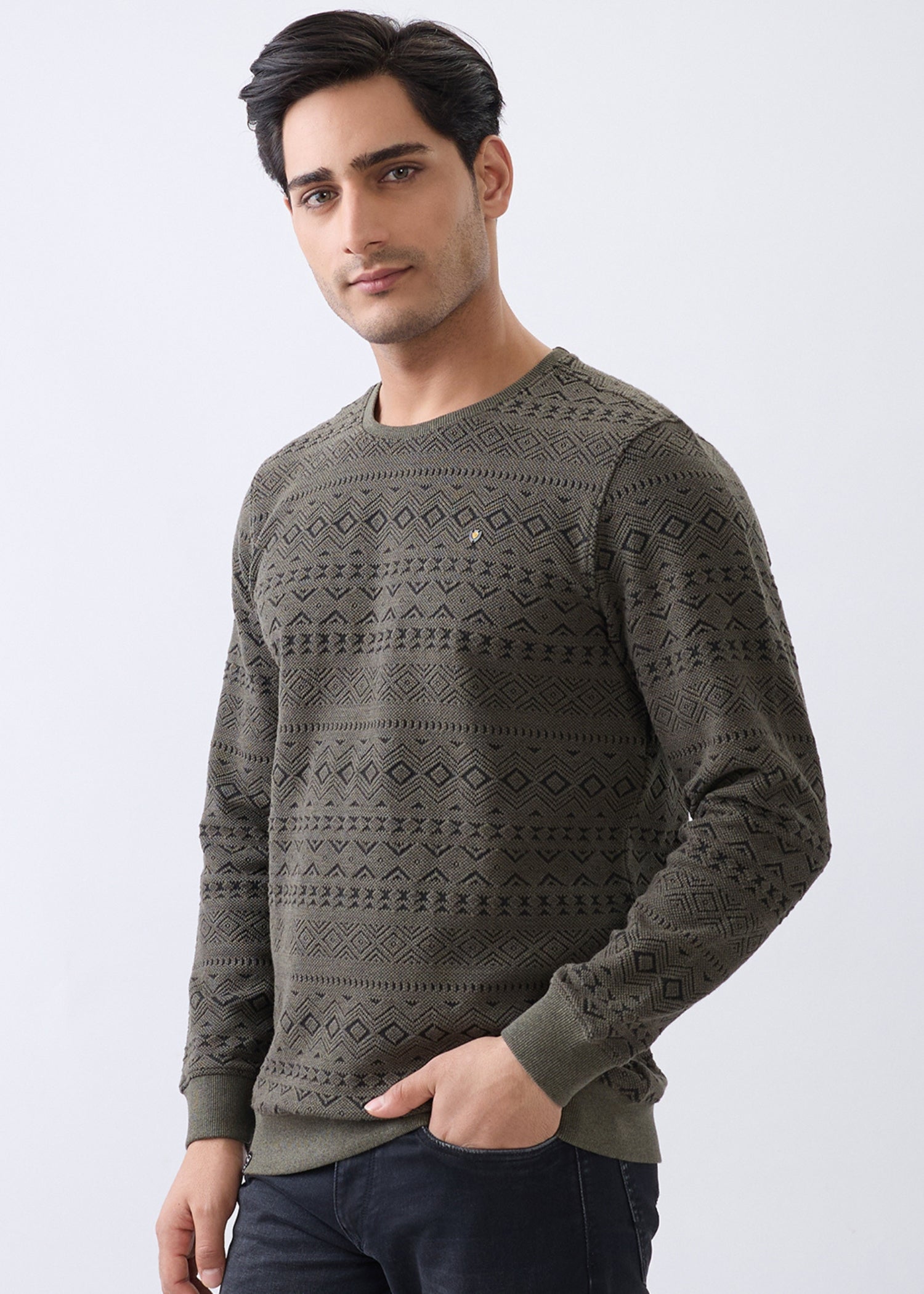 Graze Printed Full Sleeve Pullover: Olive