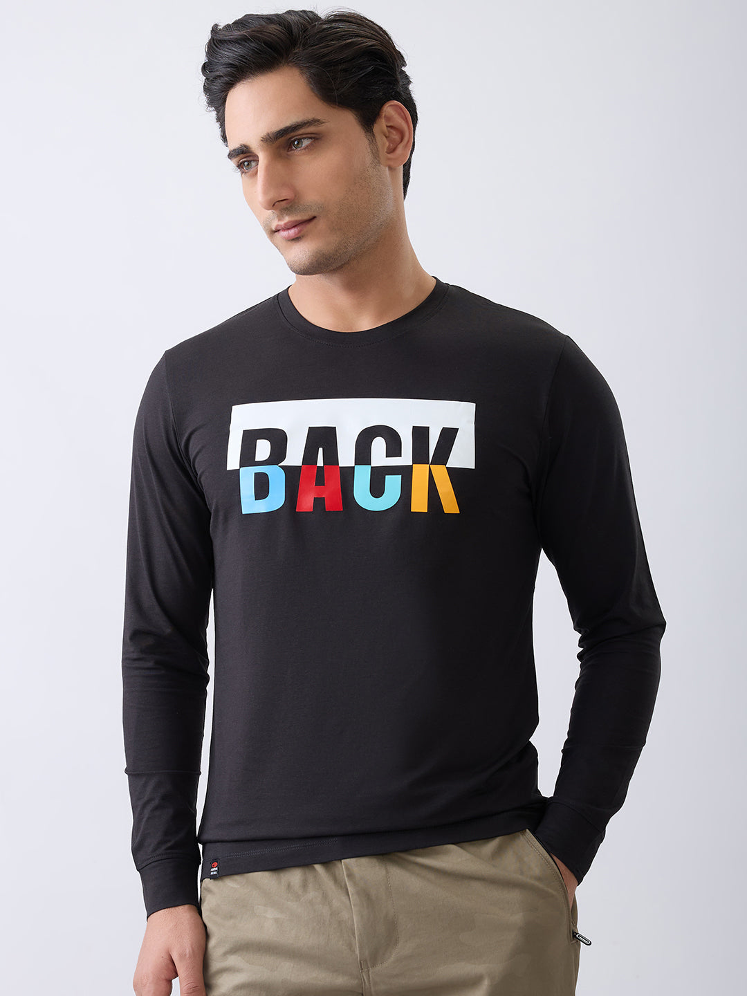Back 1 Printed Full Sleeve T-Shirt: Black