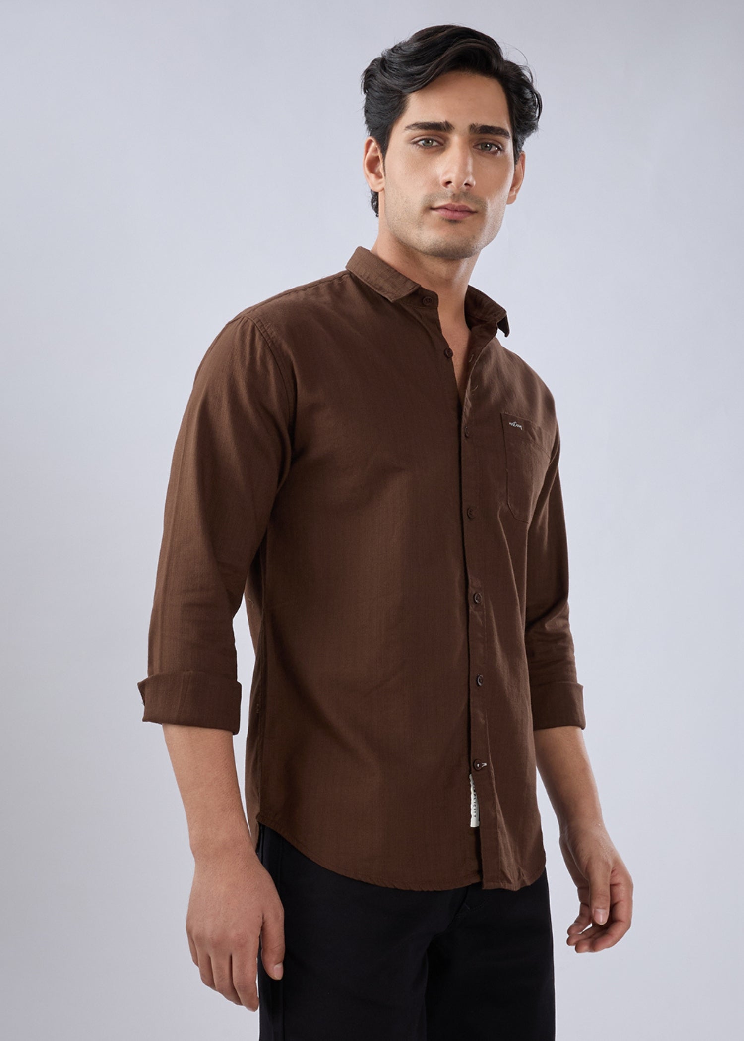 Contain Solid Full Sleeve Shirt: Coffee