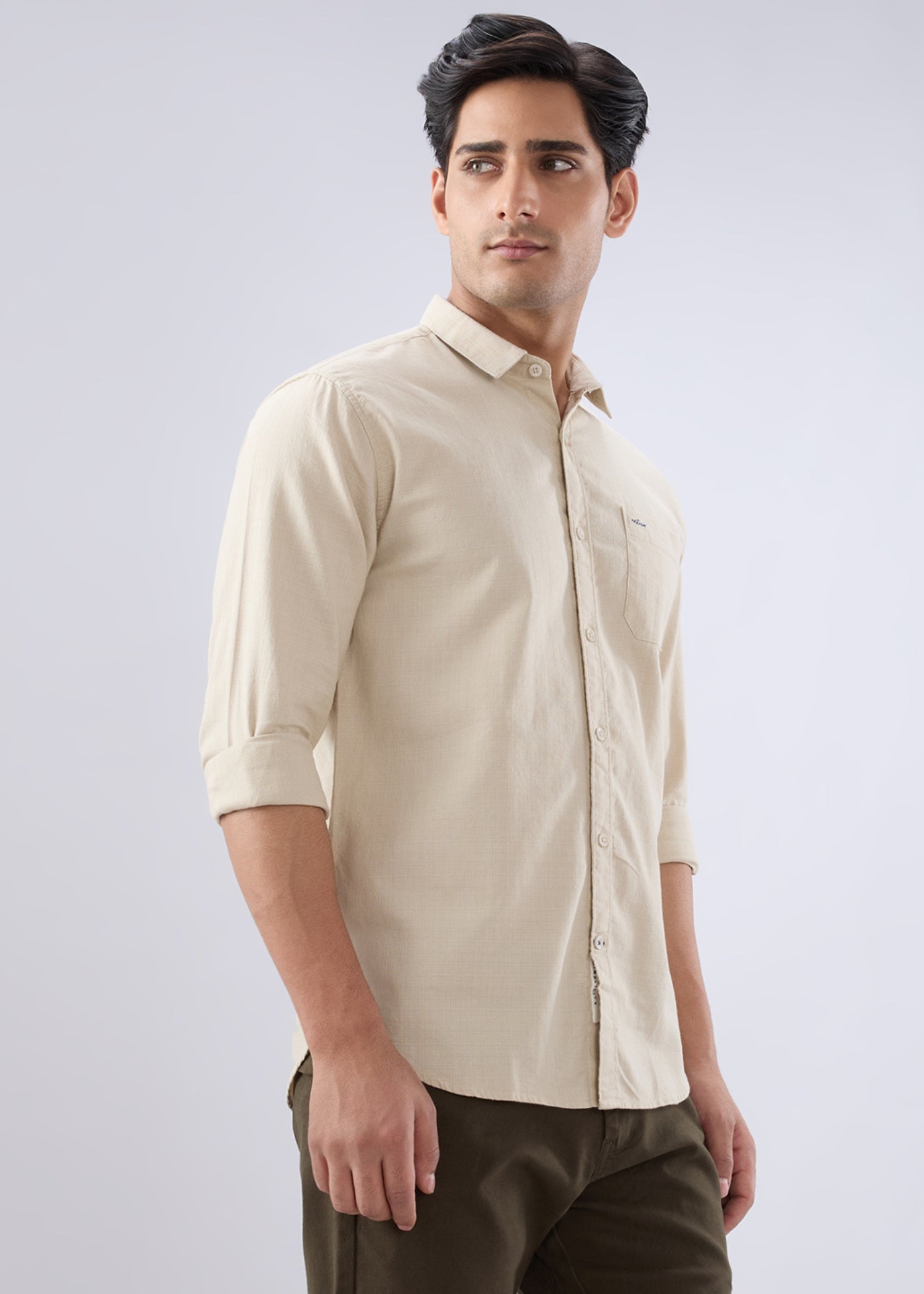 Contain Solid Full Sleeve Shirt: Beige