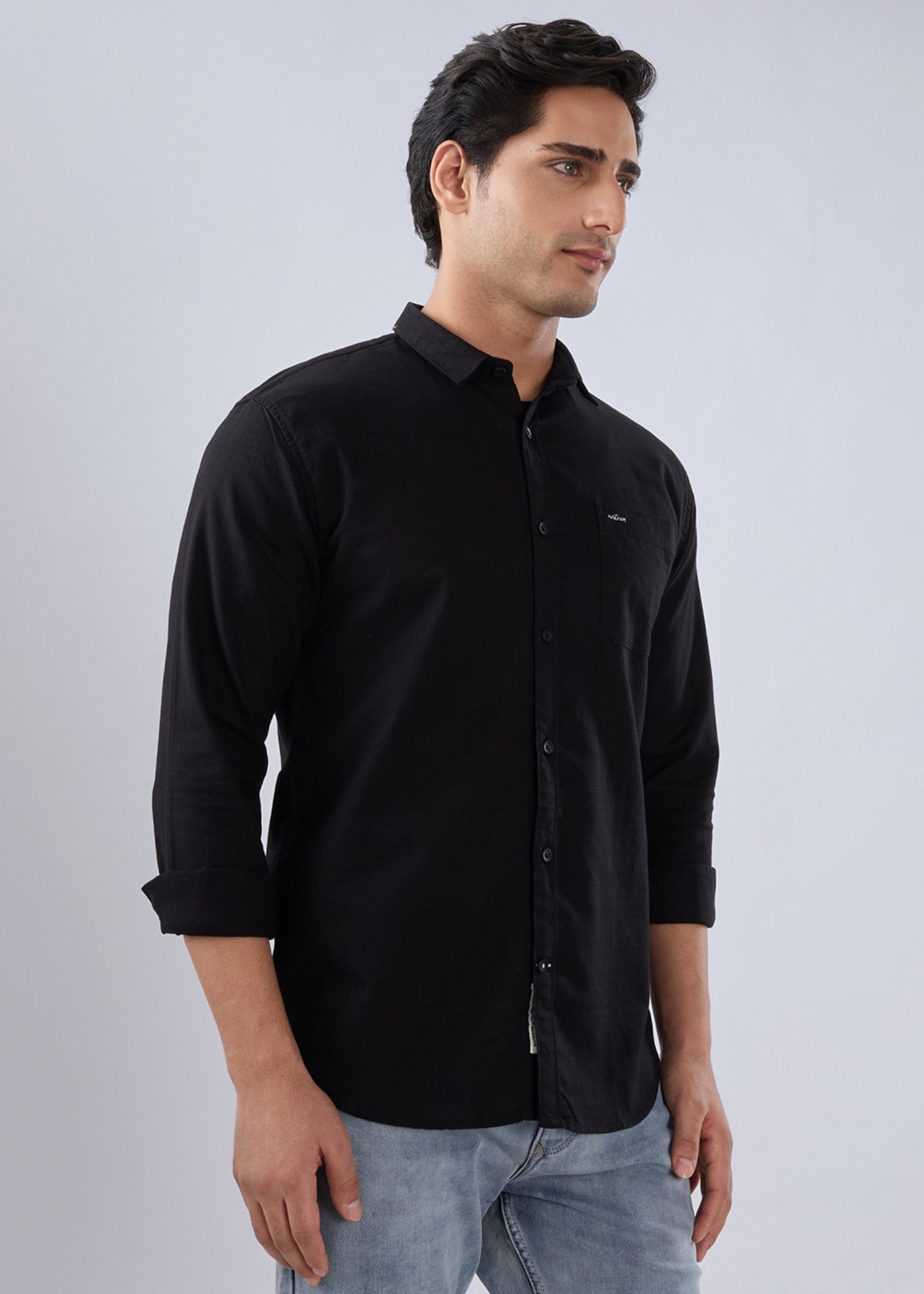 Contain Solid Full Sleeve Shirt: Black