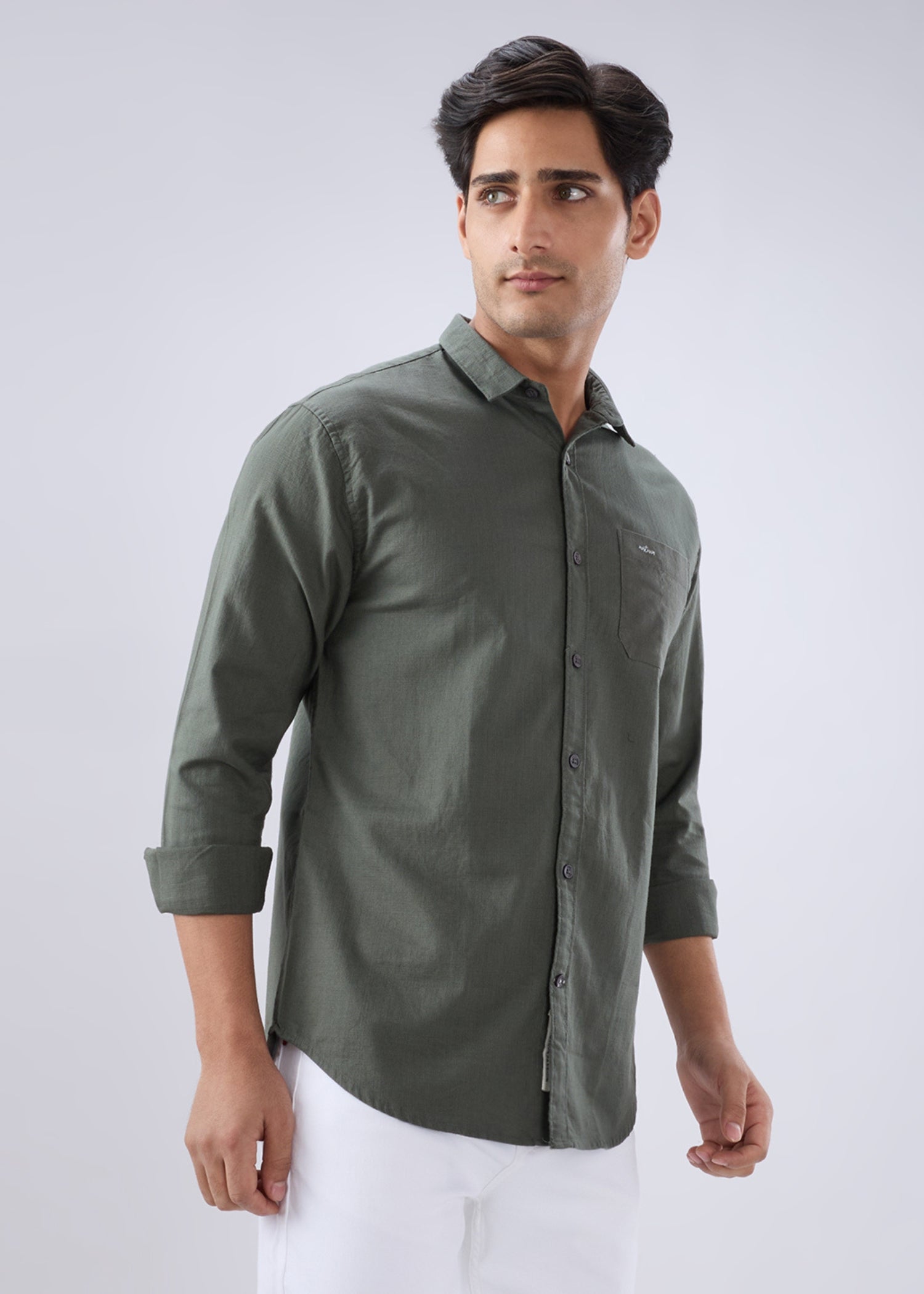 Contain Solid Full Sleeve Shirt: Olive