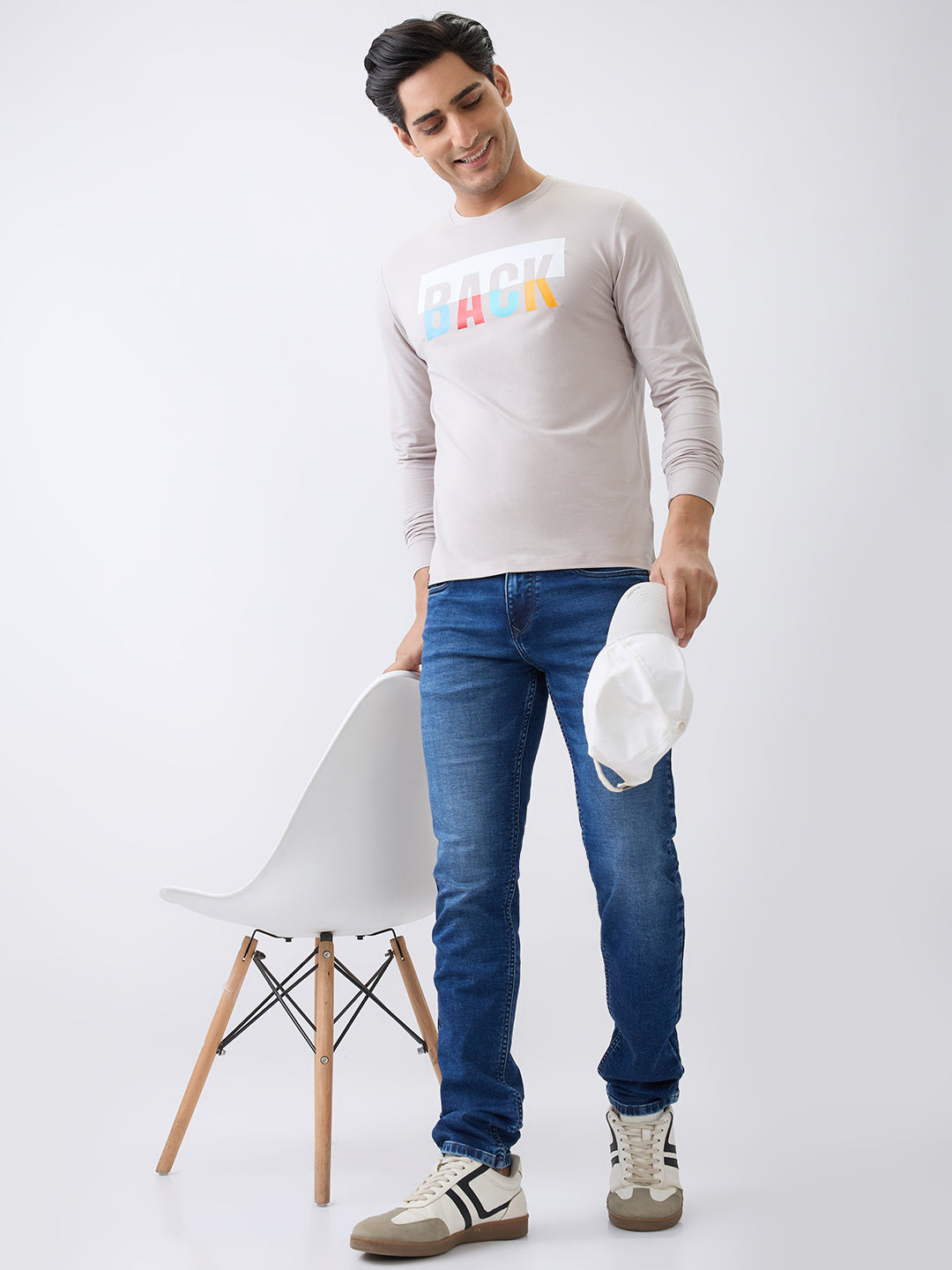Back 1 Printed Full Sleeve T-Shirt: Grey