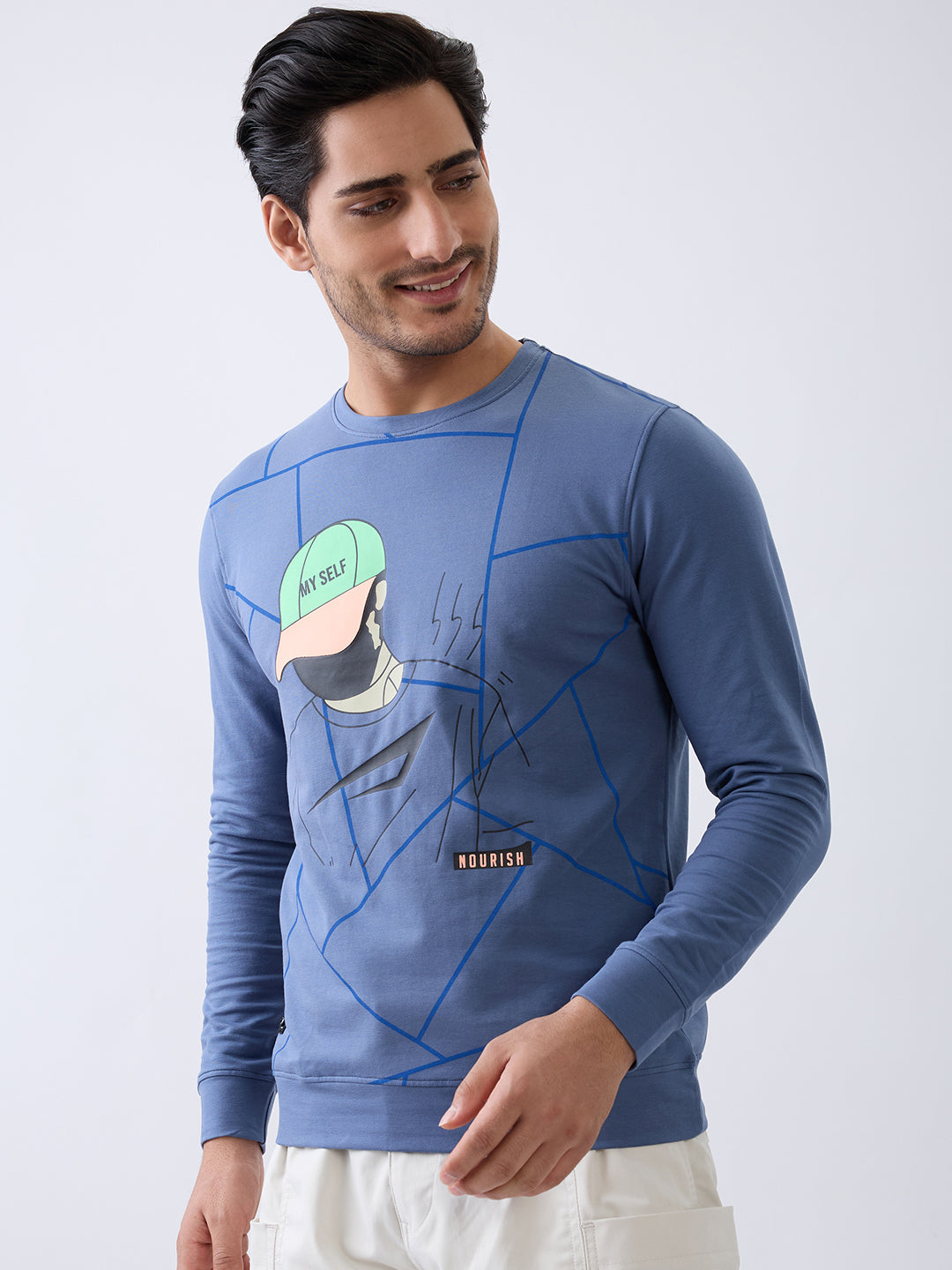 Myself Graphic Full Sleeve T-Shirt: Airforce Blue