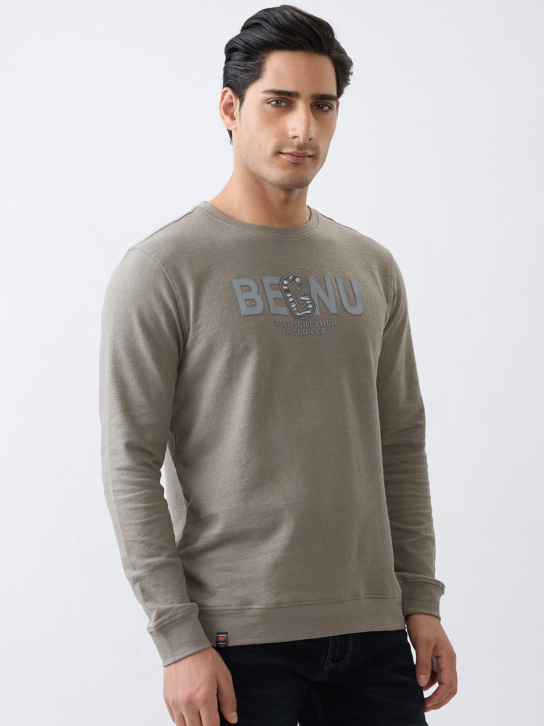 Begnu Printed Full Sleeve Pullover: Charcoal