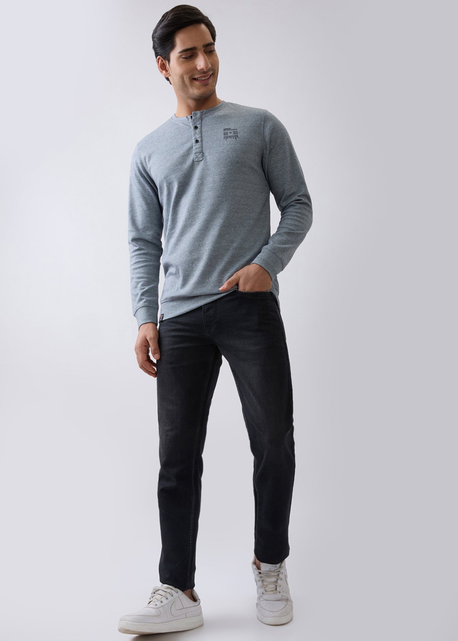 Version Henley Neck Full Sleeve T-Shirt: Coral Blue