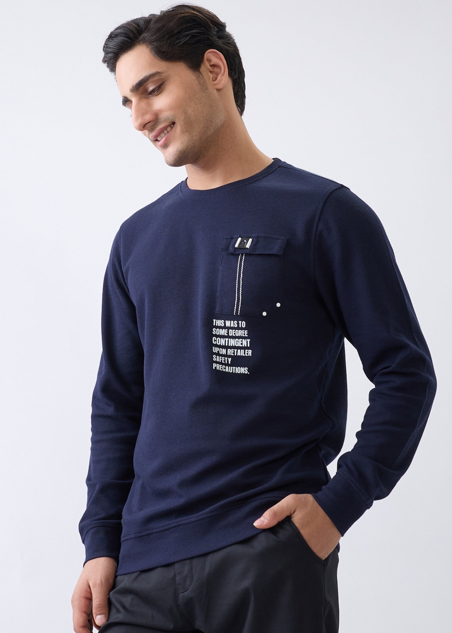 Safety Printed Full Sleeve T-Shirt: Navy