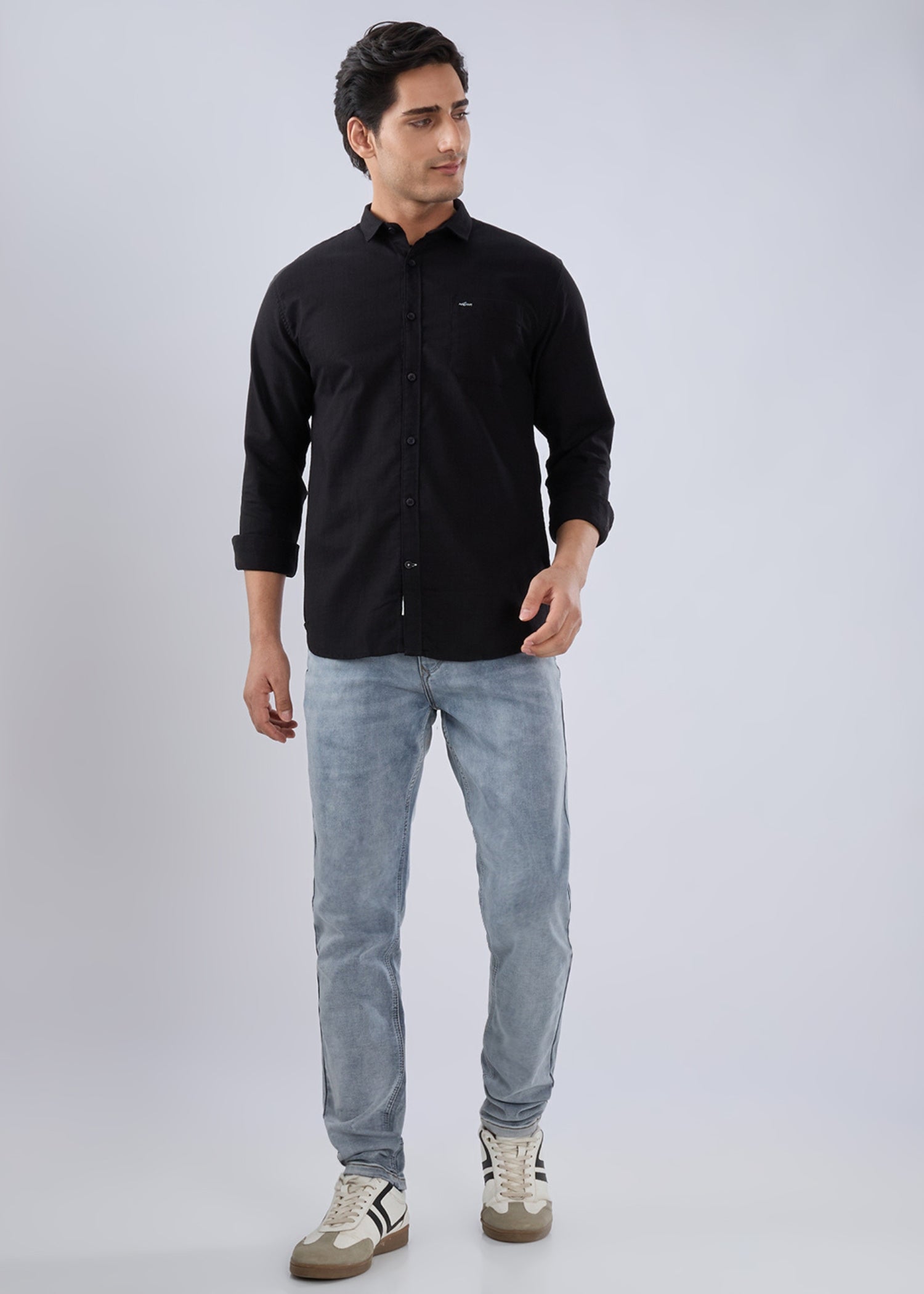 Contain Solid Full Sleeve Shirt: Black