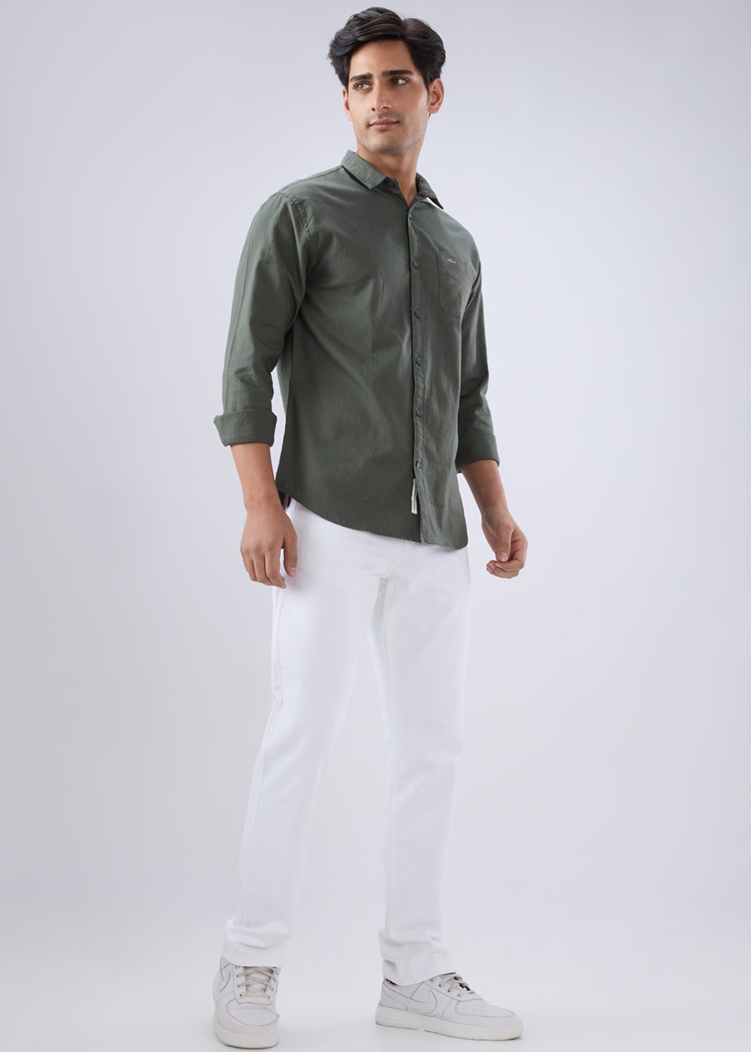 Contain Solid Full Sleeve Shirt: Olive