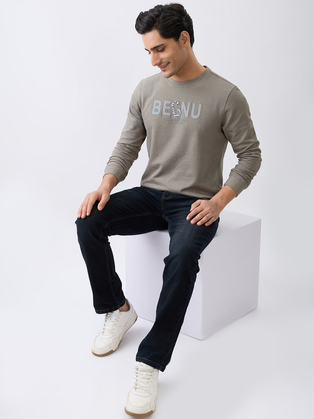 Begnu Printed Full Sleeve Pullover: Charcoal