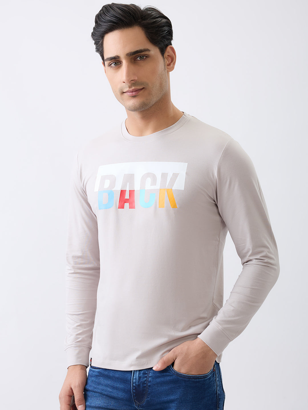 Back 1 Printed Full Sleeve T-Shirt: Grey