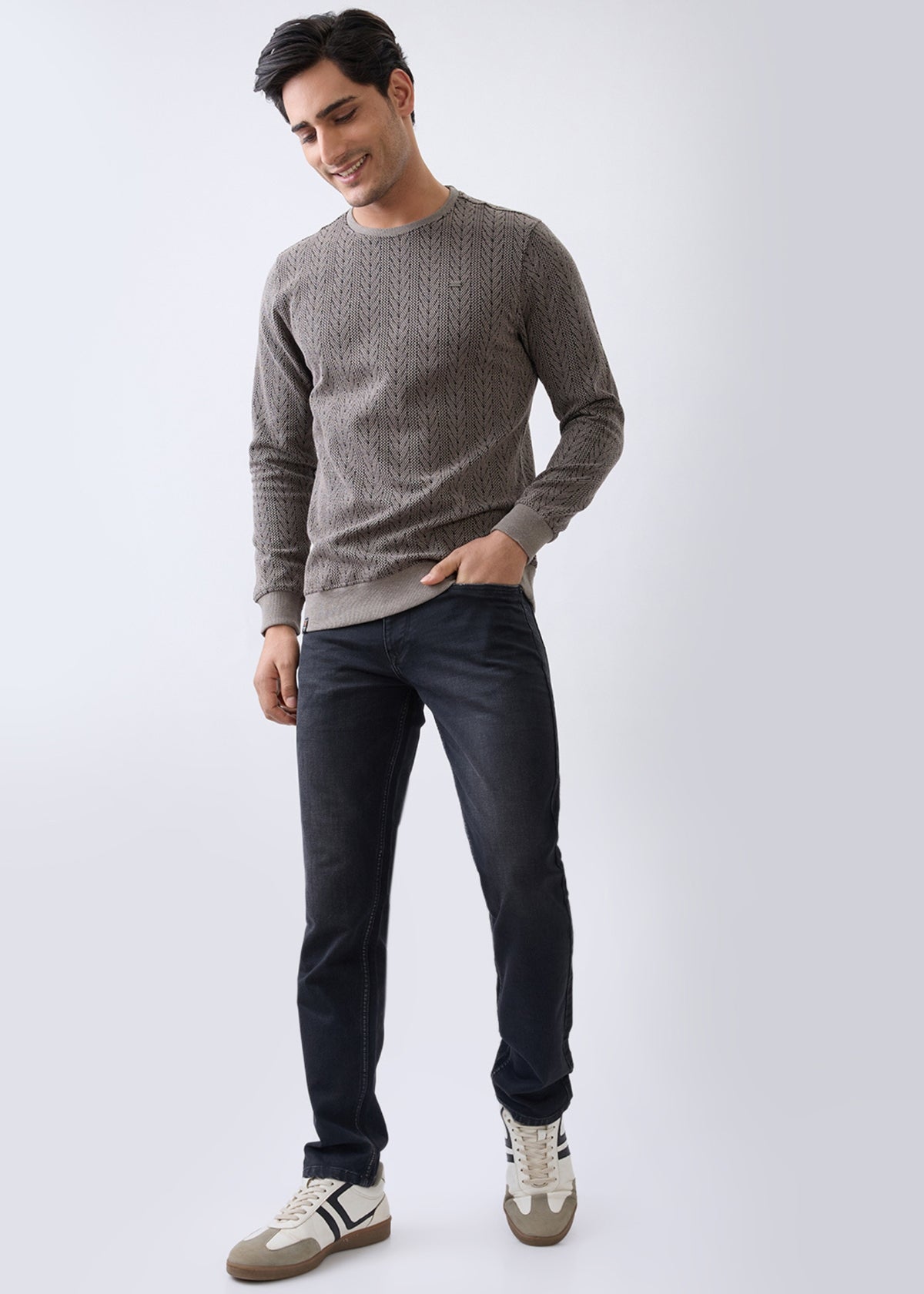 Gravitate Textured Full Sleeve Sweatshirt: Stone