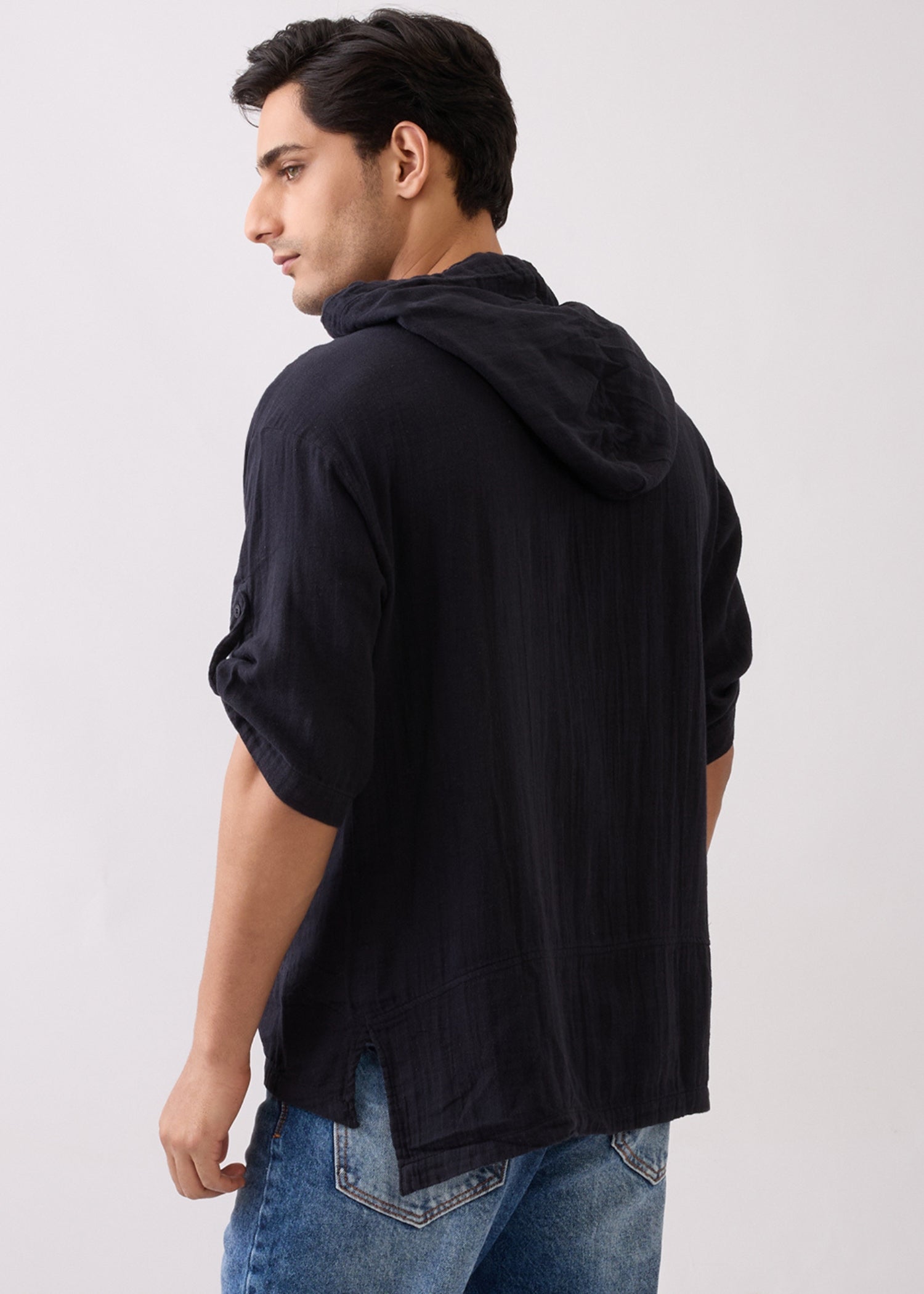 Prast Textured Short Sleeve Hoodie: Black