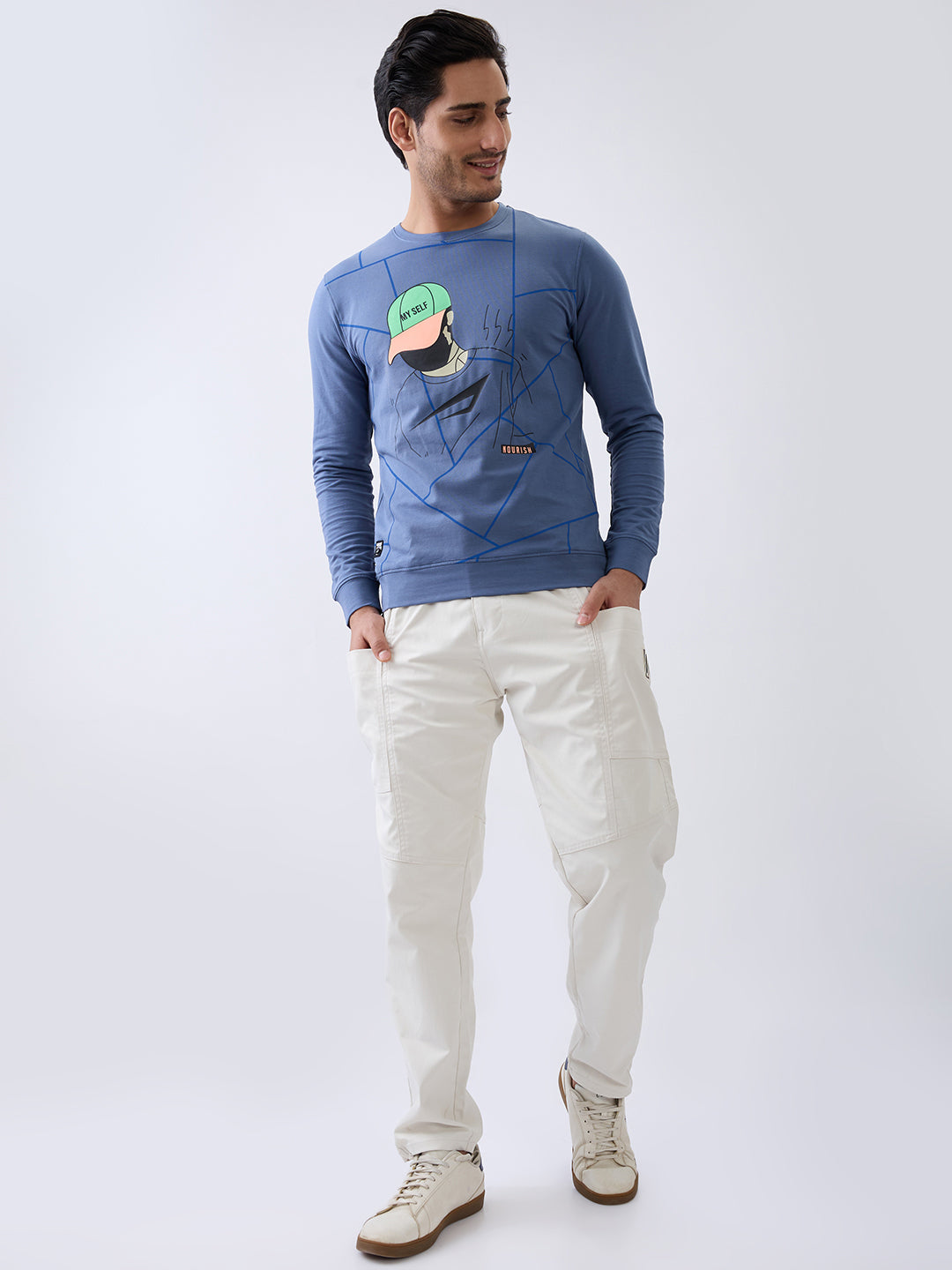 Myself Graphic Full Sleeve T-Shirt: Airforce Blue