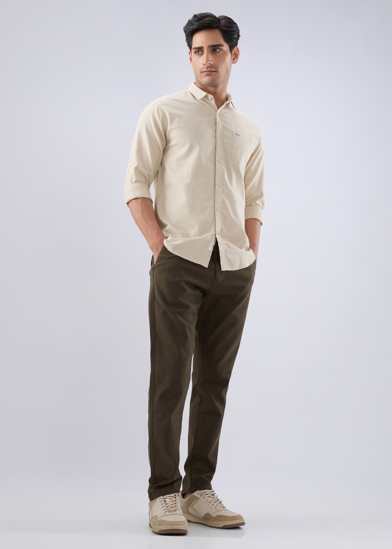 Contain Solid Full Sleeve Shirt: Beige