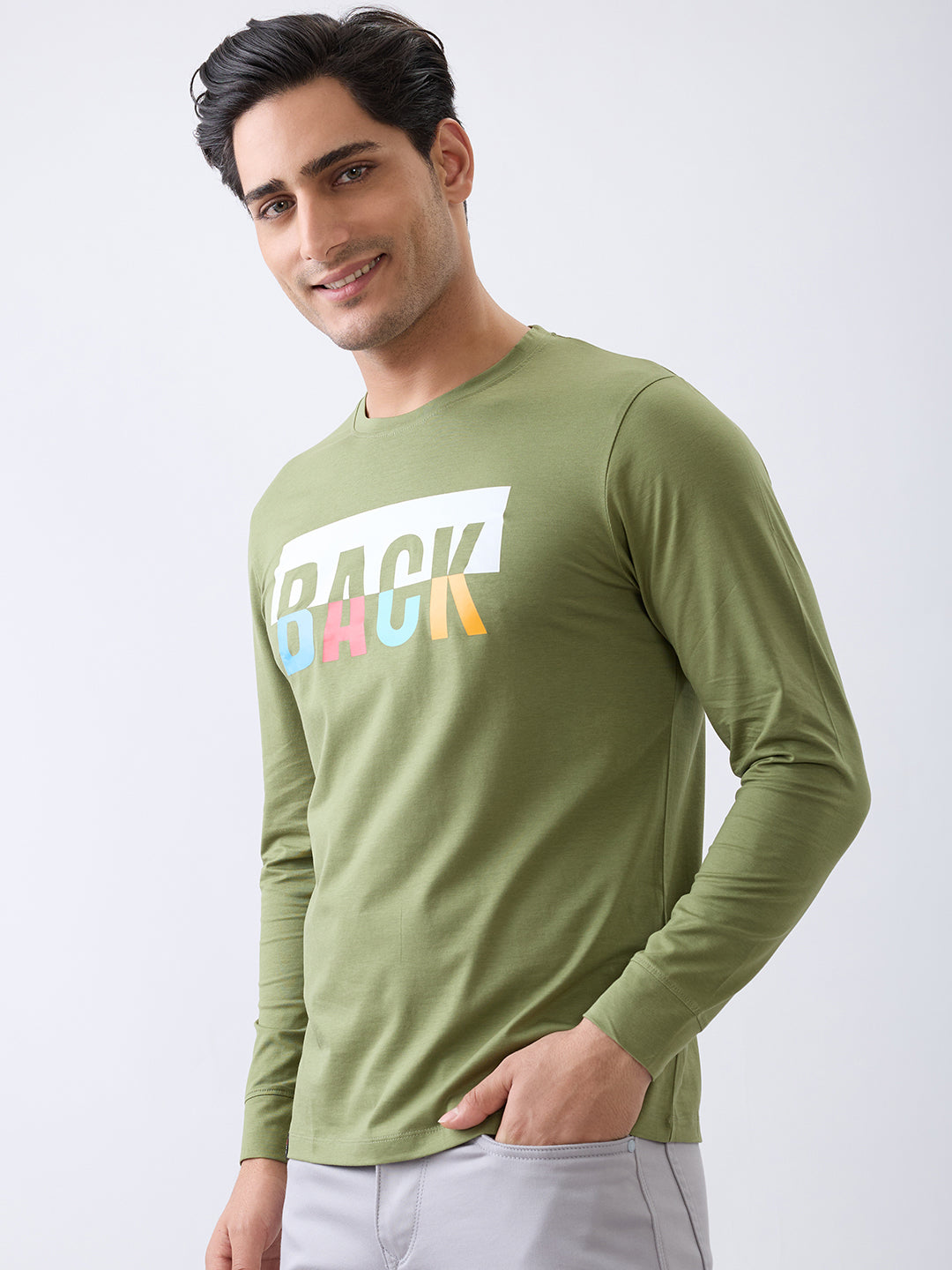 Back 1 Printed Full Sleeve T-Shirt: Green