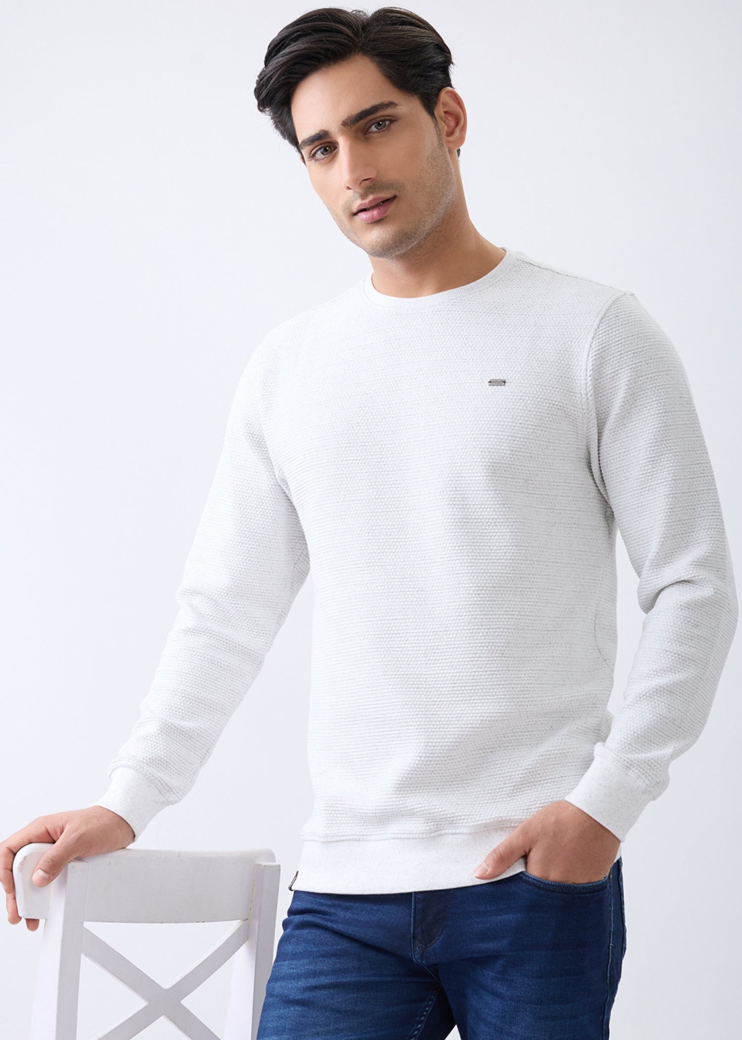 Layer Textured Full Sleeve Sweatshirt: Off-White