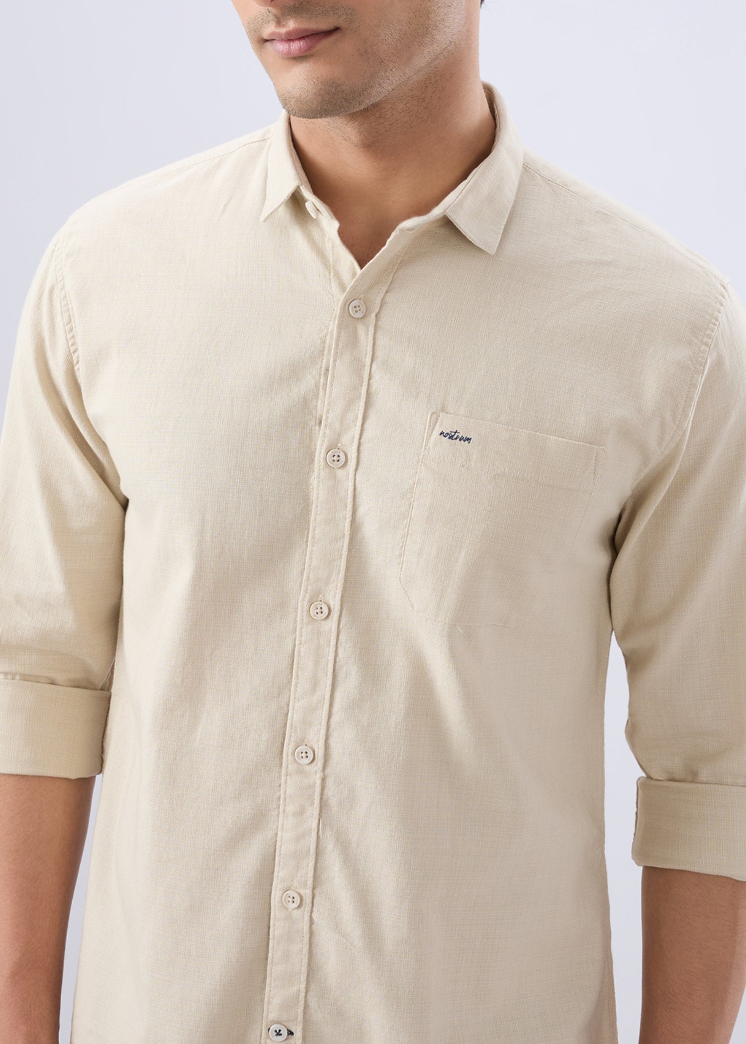 Contain Solid Full Sleeve Shirt: Beige