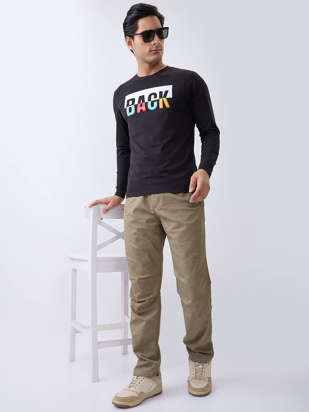 Back 1 Printed Full Sleeve T-Shirt: Black