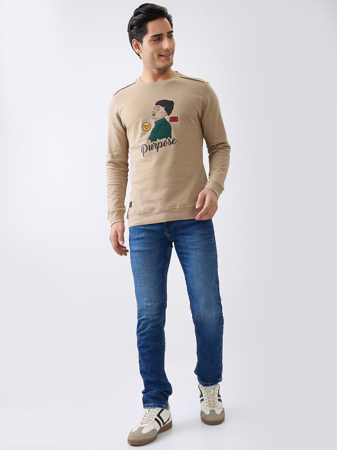 Dumbel Embroidered Full Sleeve Pullover: L.Brown
