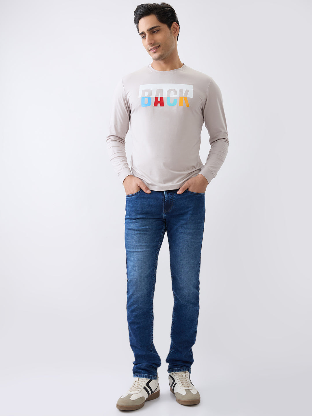 Back 1 Printed Full Sleeve T-Shirt: Grey
