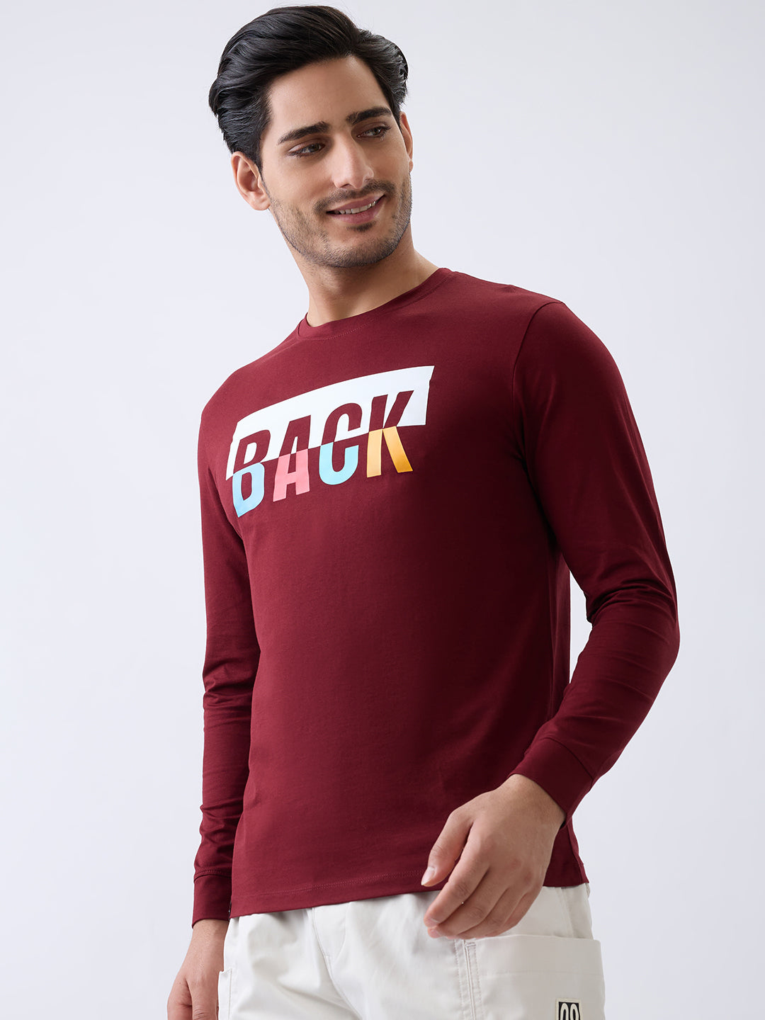 Back 1 Printed Full Sleeve T-Shirt: Maroon