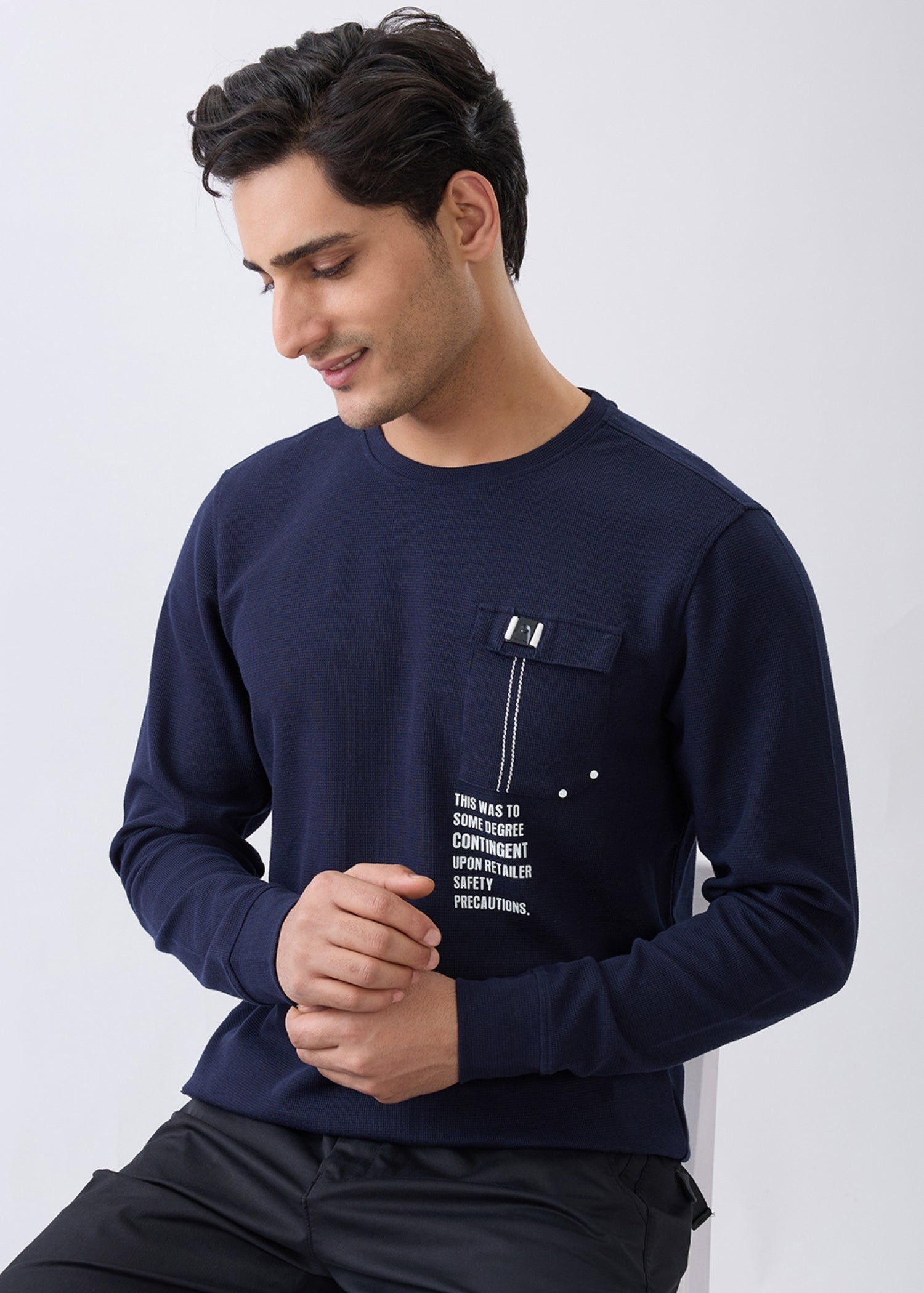 Safety Printed Full Sleeve T-Shirt: Navy