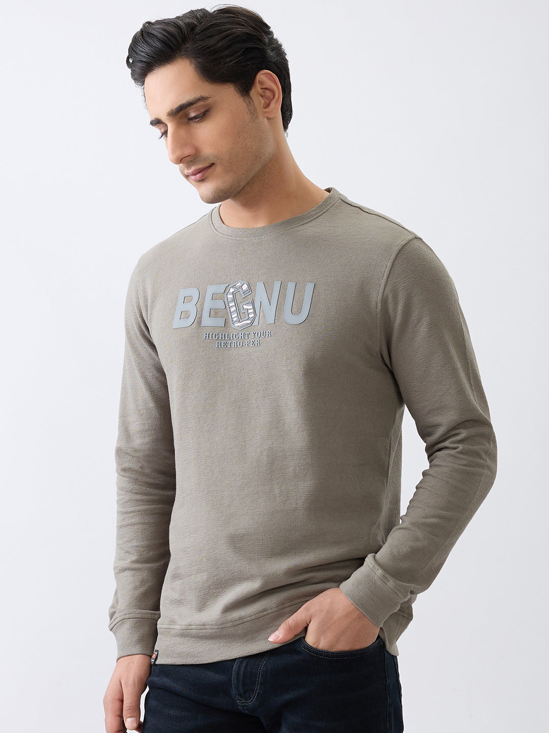 Begnu Printed Full Sleeve Pullover: Charcoal