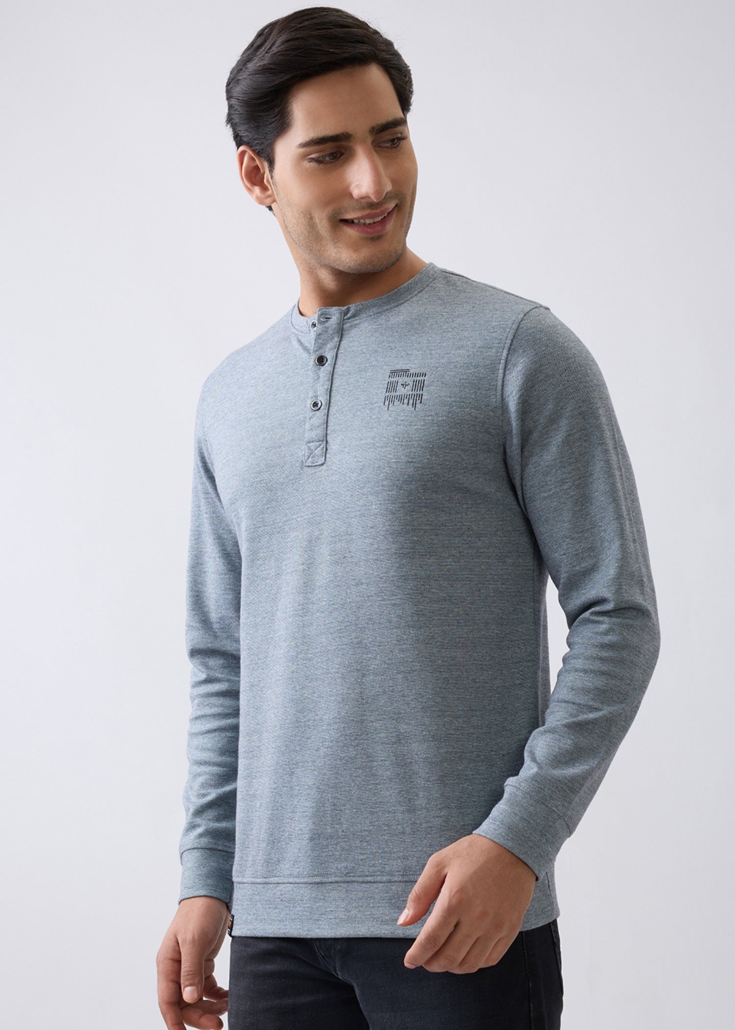 Version Henley Neck Full Sleeve T-Shirt: Coral Blue
