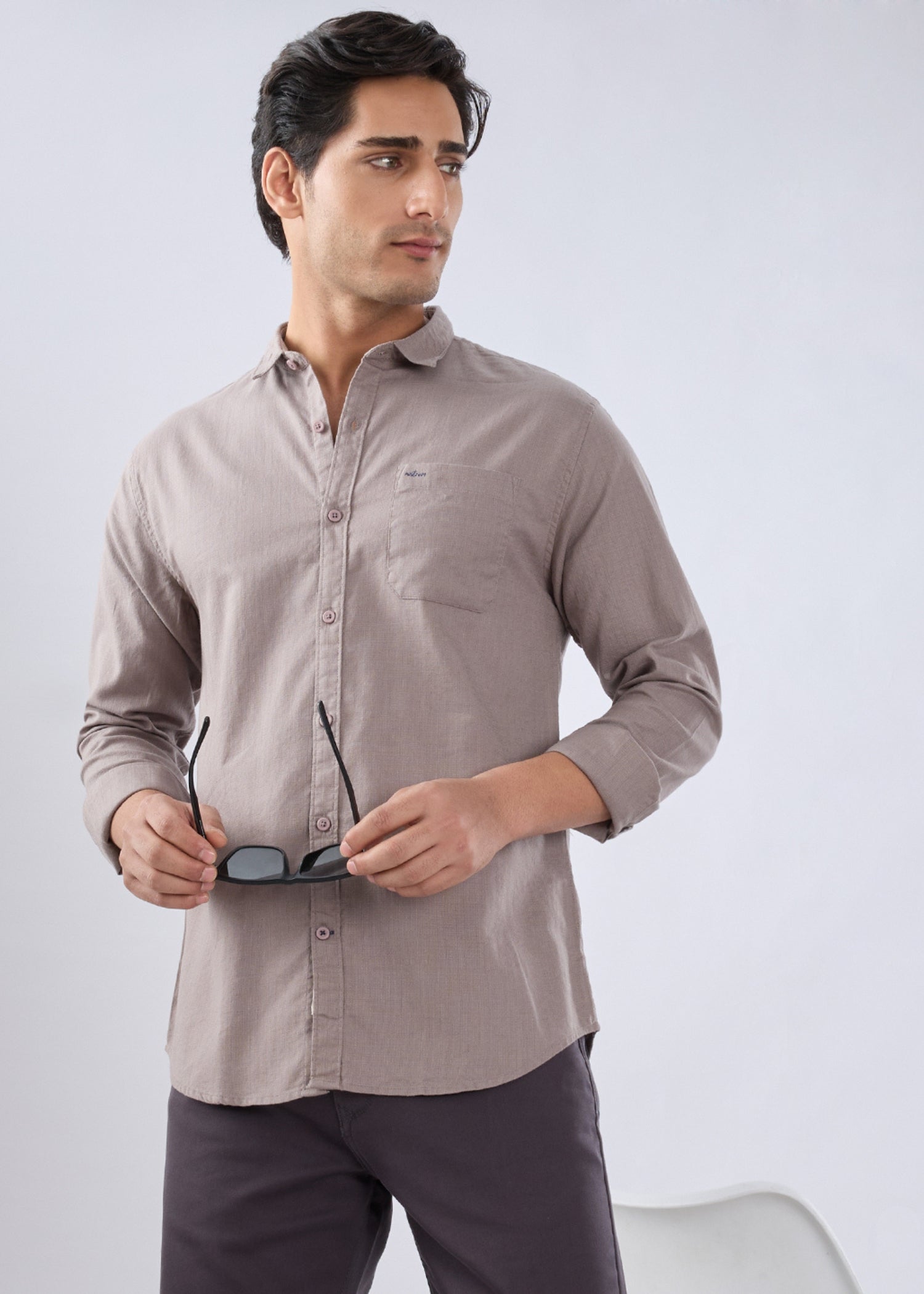 Contain Solid Full Sleeve Shirt: Grey