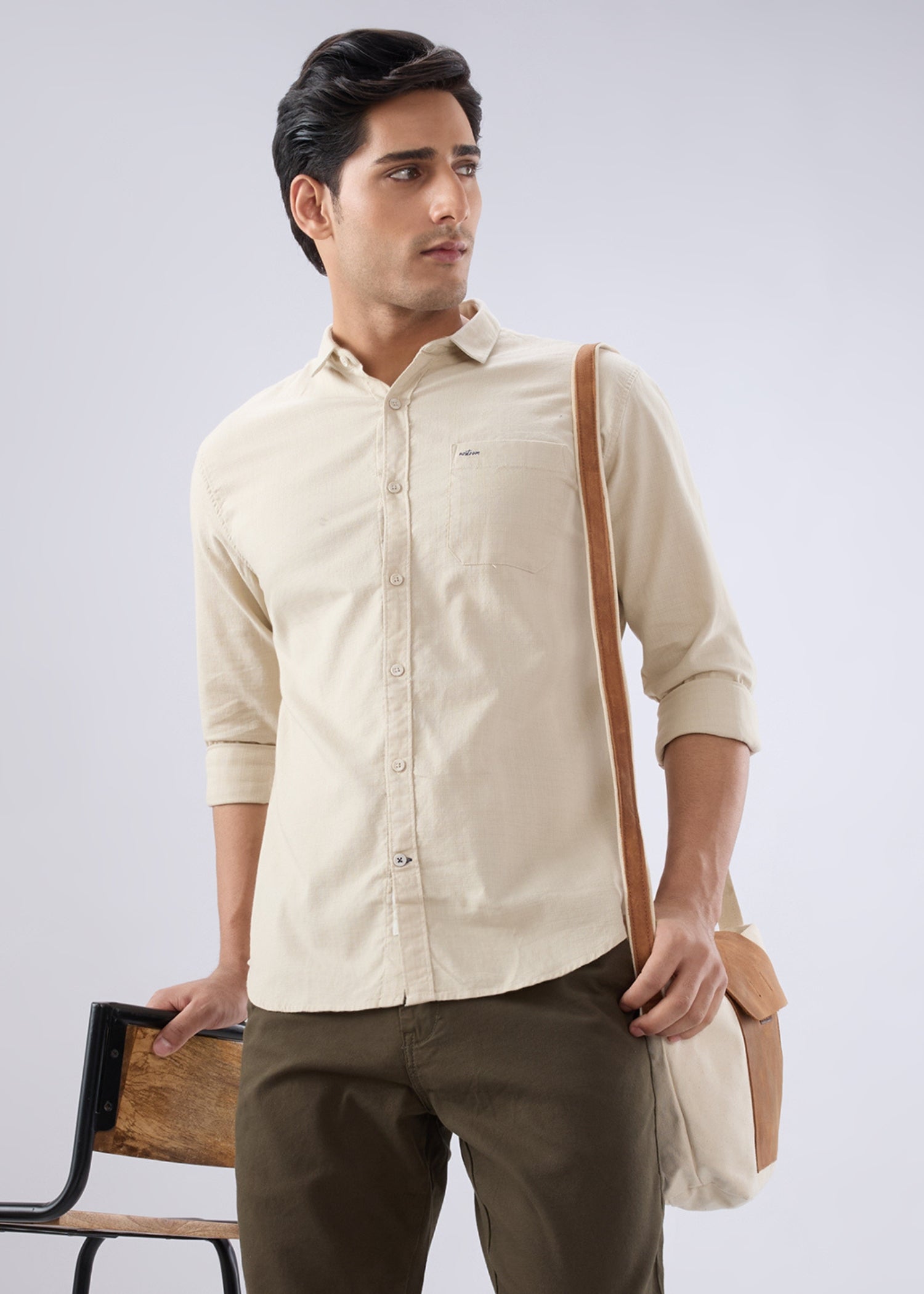 Contain Solid Full Sleeve Shirt: Beige