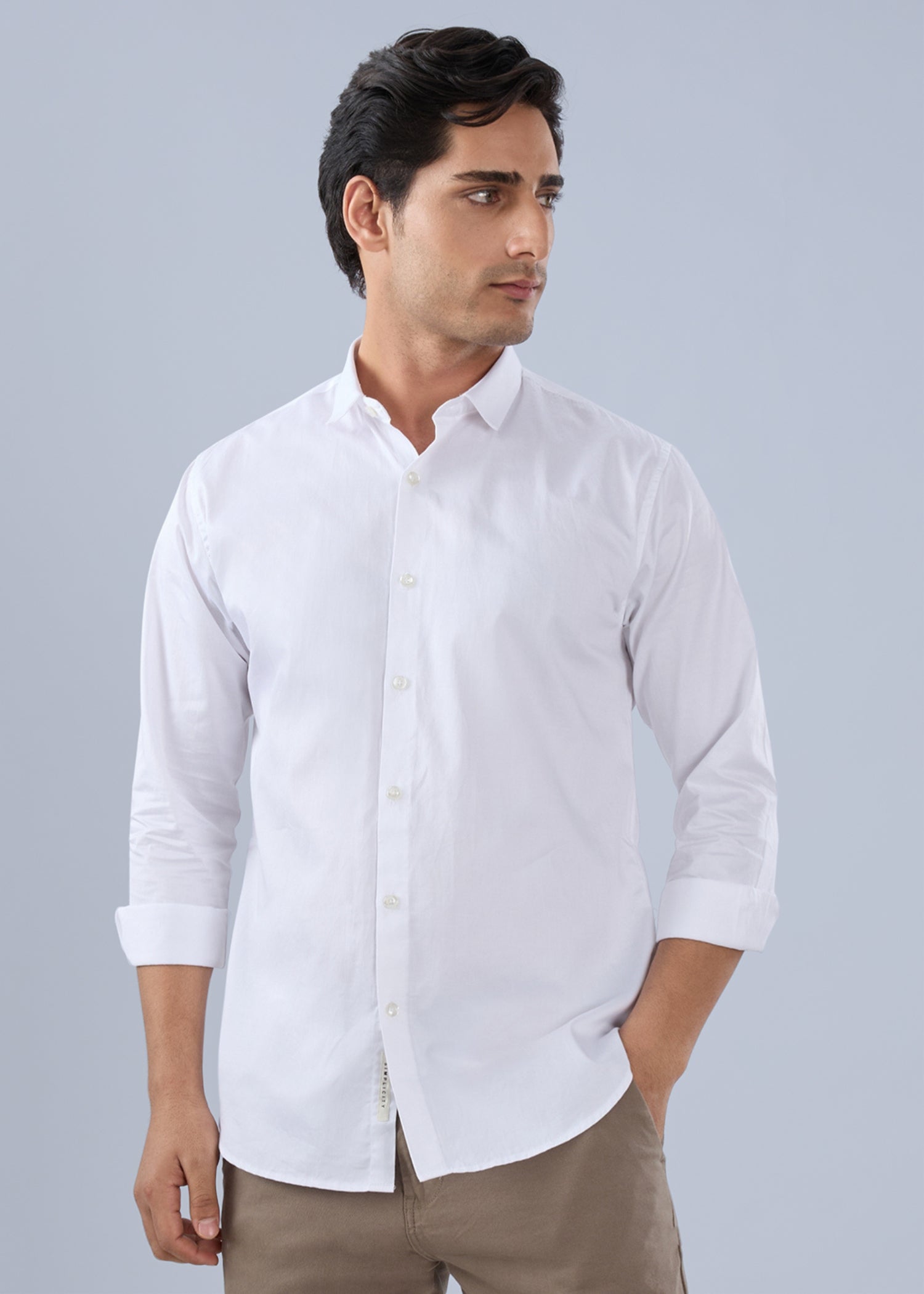 Contain Solid Full Sleeve Shirt: White